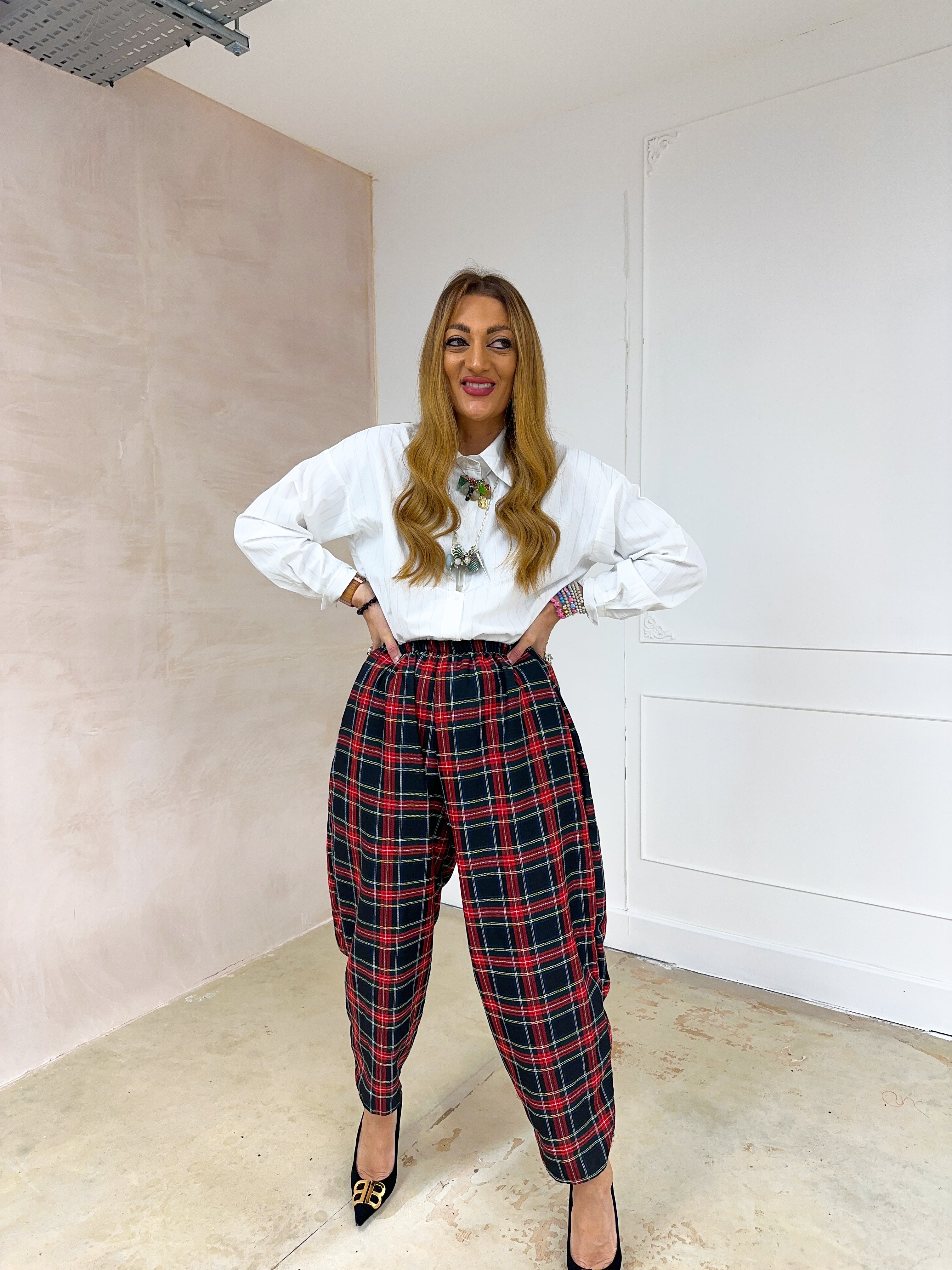 Muse Balloon Trousers In Navy/Red Traditional Tartan