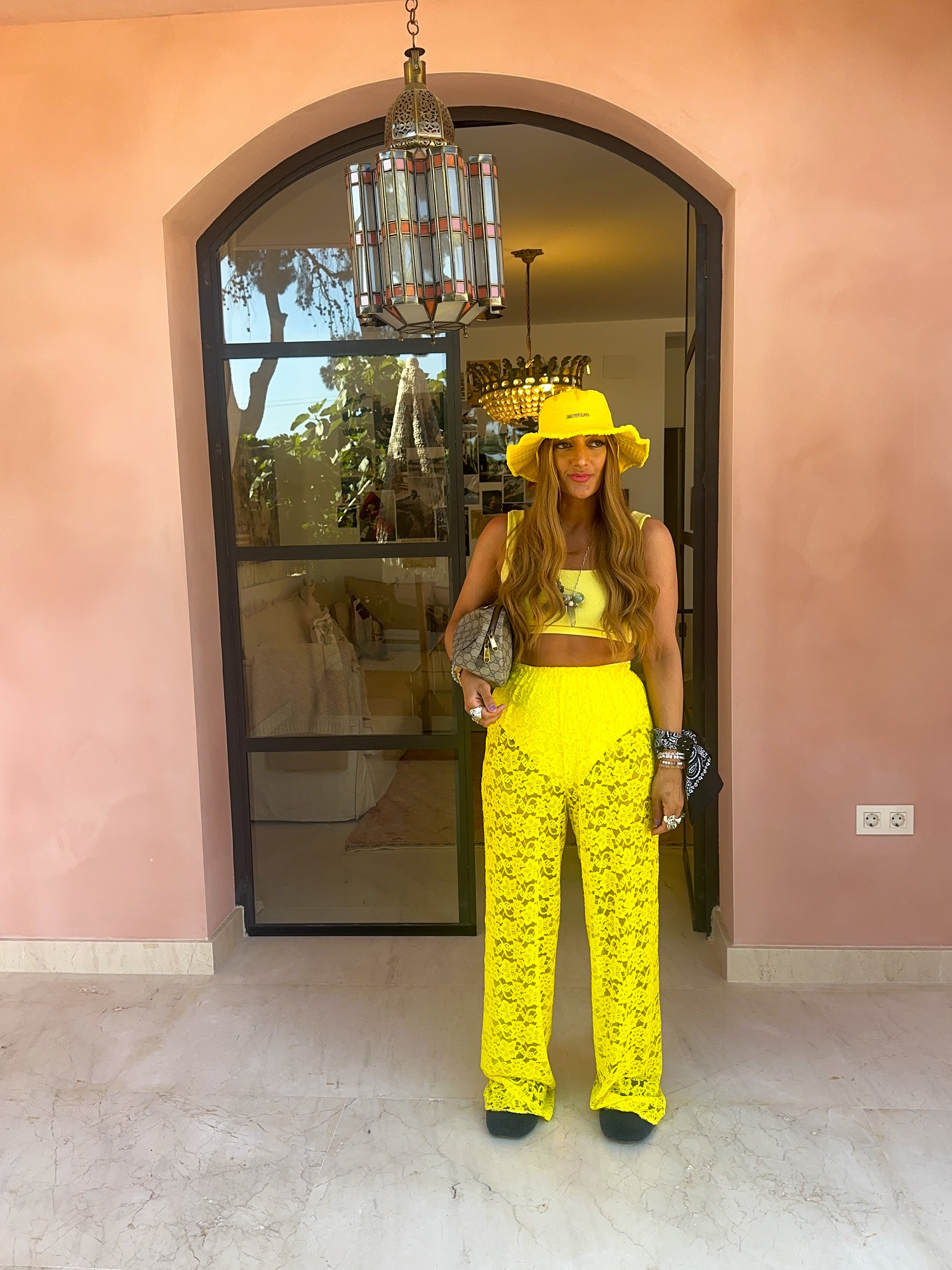 Wide Leg Lace Trousers In Yellow