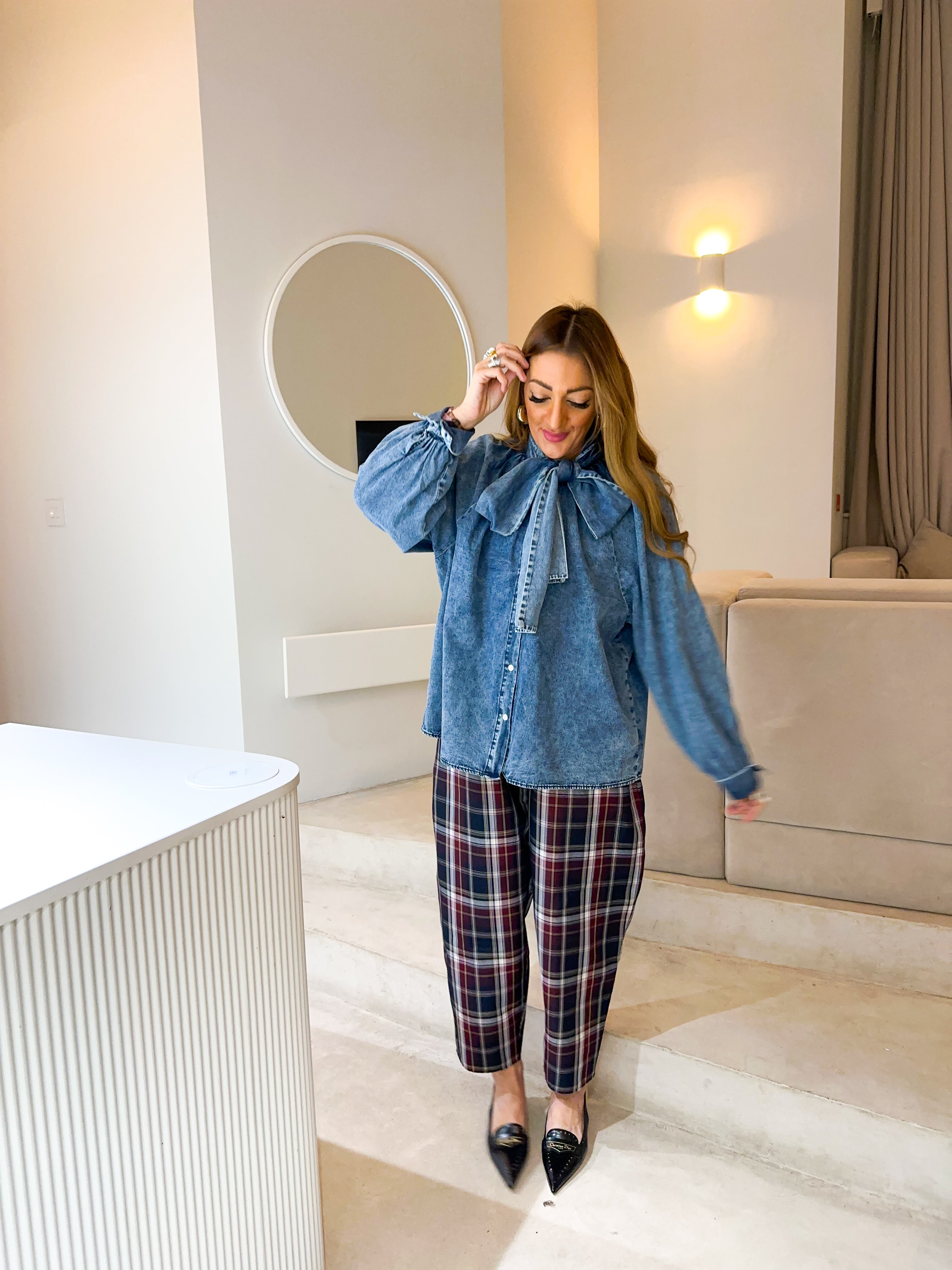 Bow Front Denim Shirt In Blue