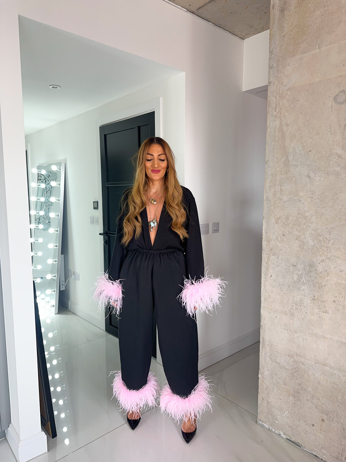 Pink Feather Hem Balloon Trousers In Black