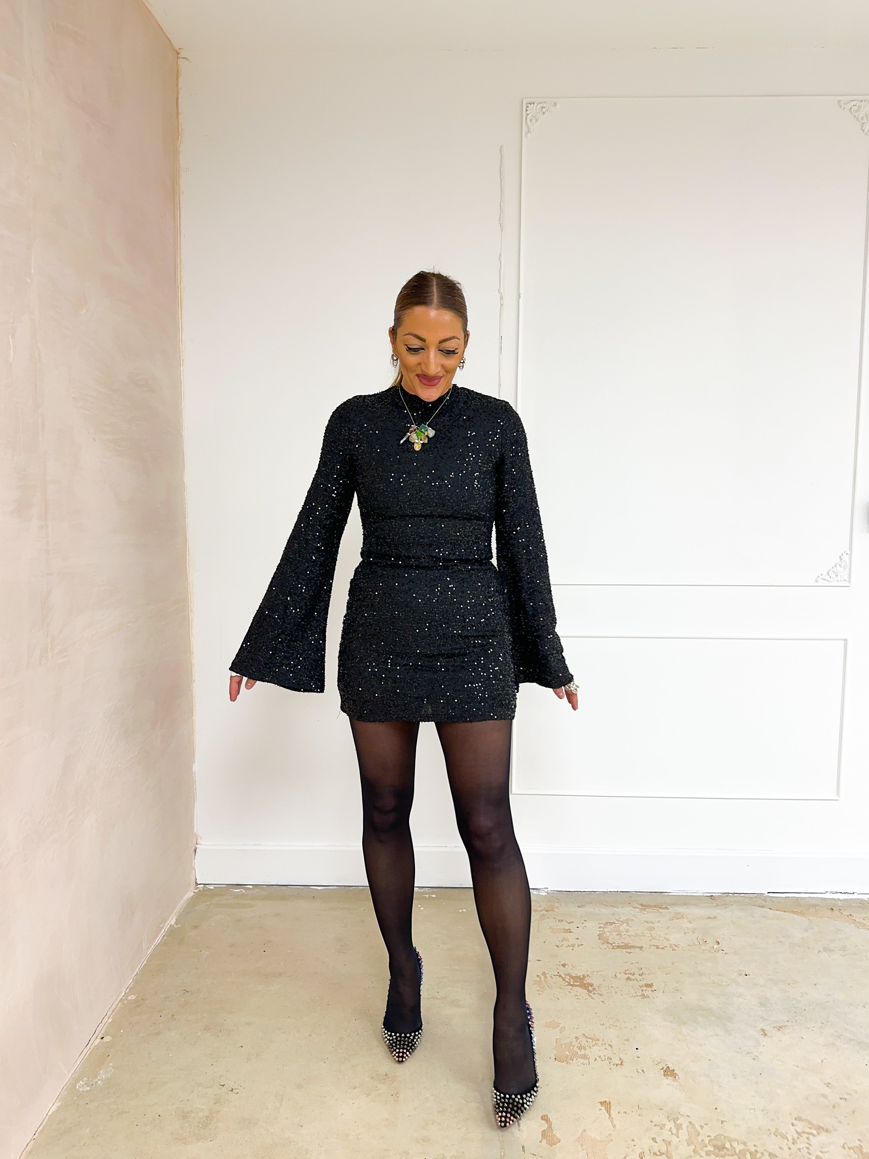 Flare Sleeve Sequin Mini Dress In Black