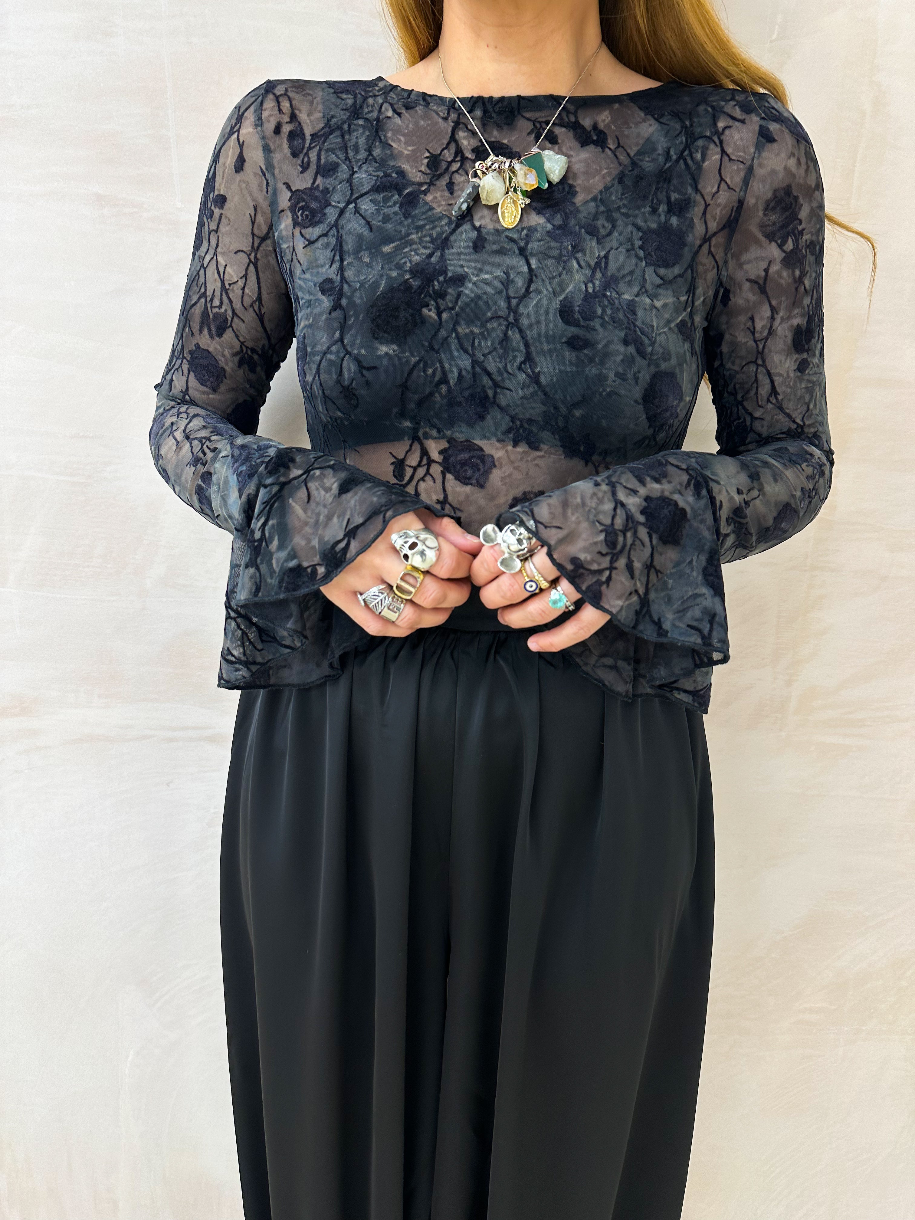 Flared Sleeve Floral Mesh Bodysuit In Black