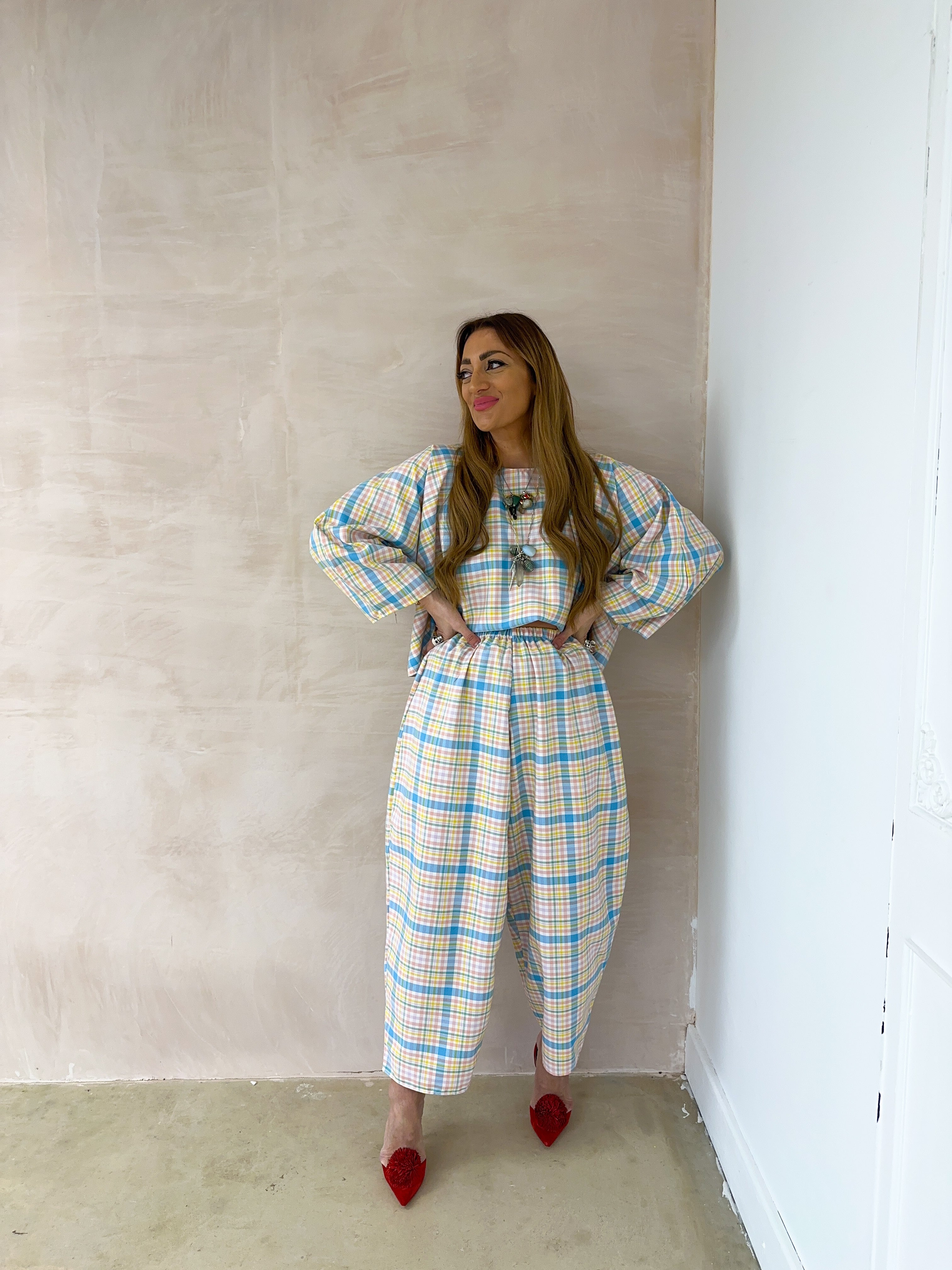 Muse Puff Sleeve Top In Pastel Tartan