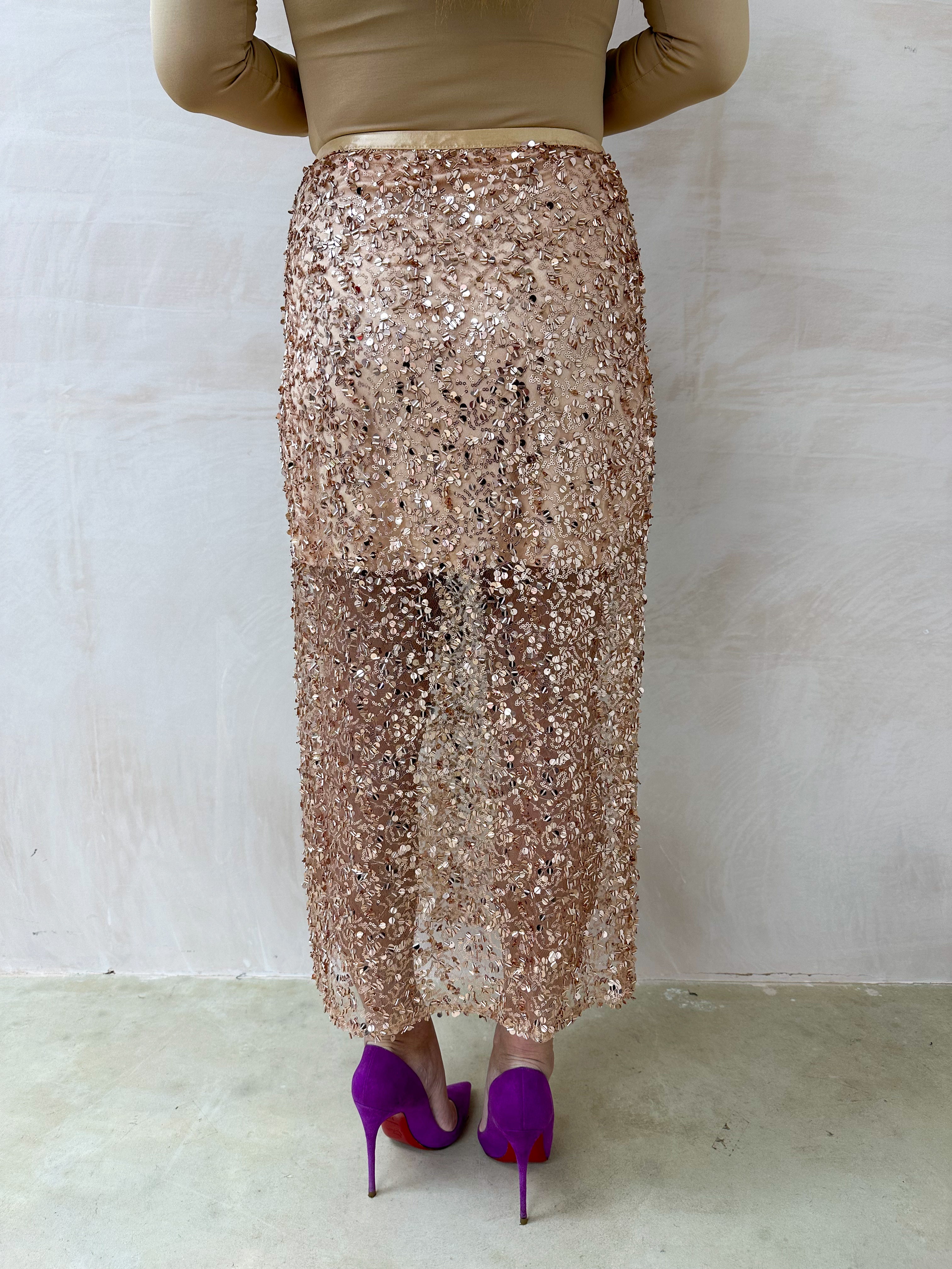 Sequin Embellished Midi Skirt In Rose Gold