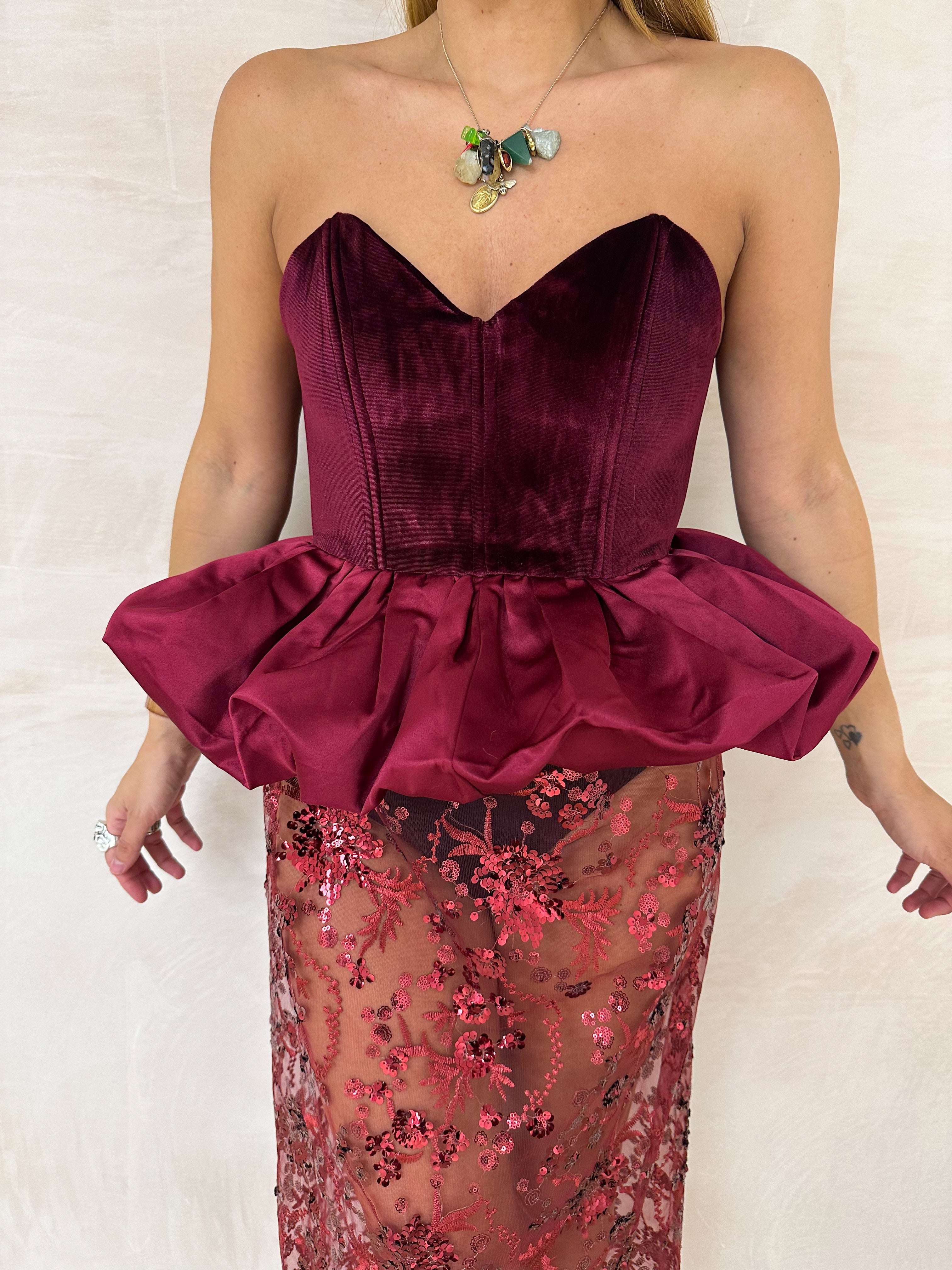 Velvet Peplum Bodice Top In Burgundy/Red