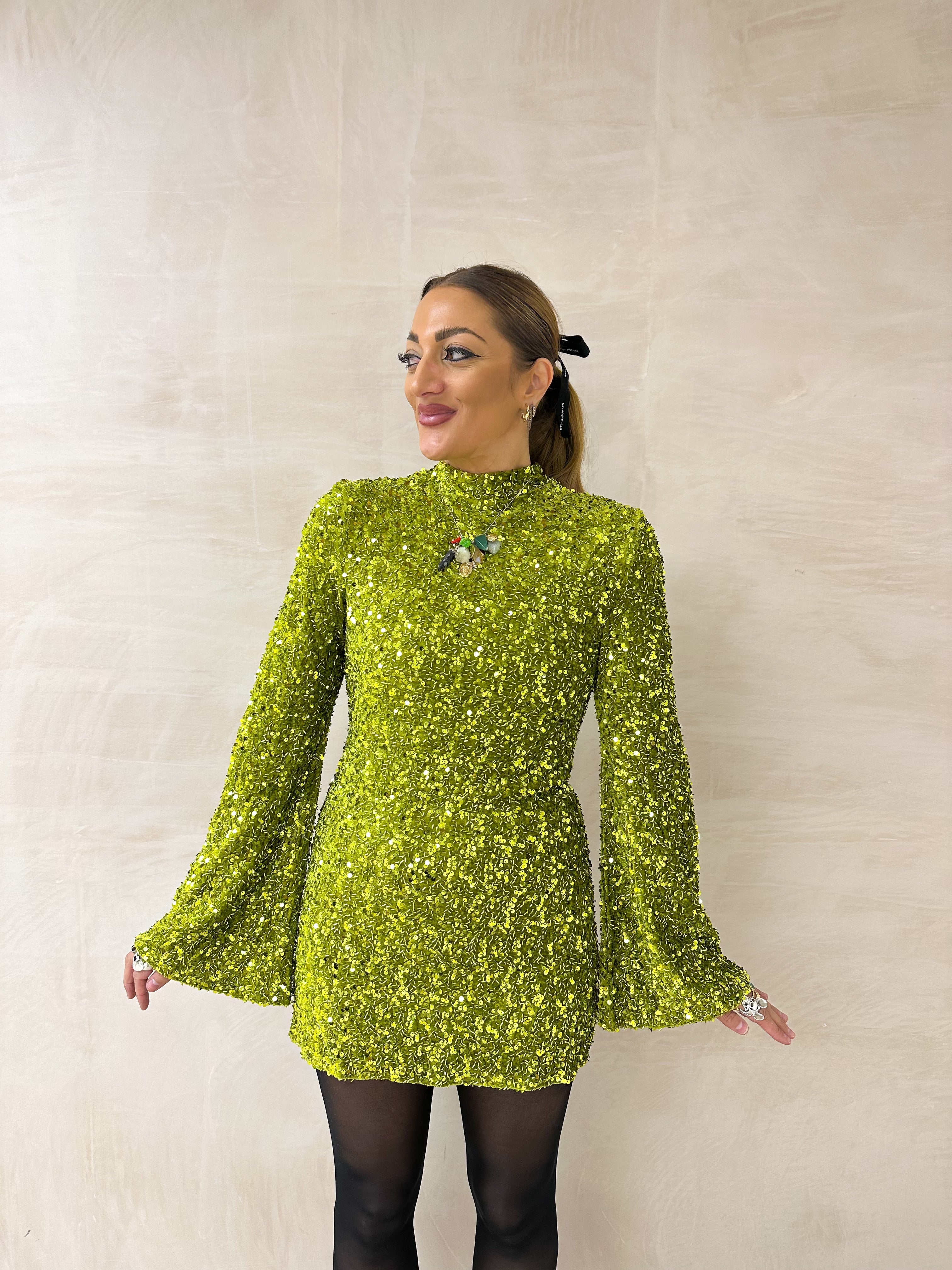 Flare Sleeve Sequin Mini Dress In Green