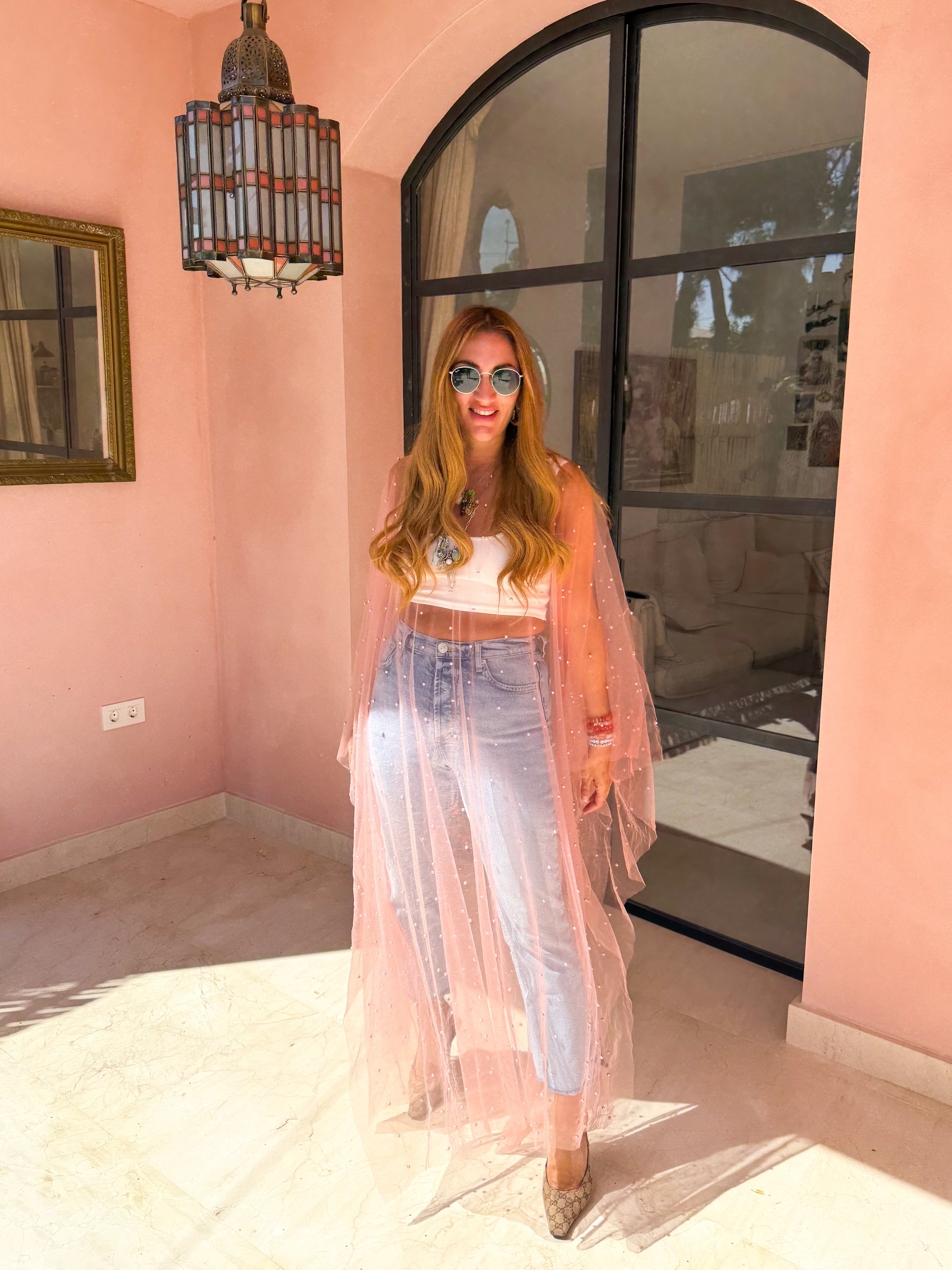 Tulle Vixen Pearl Mesh Kimono In Pale Pink