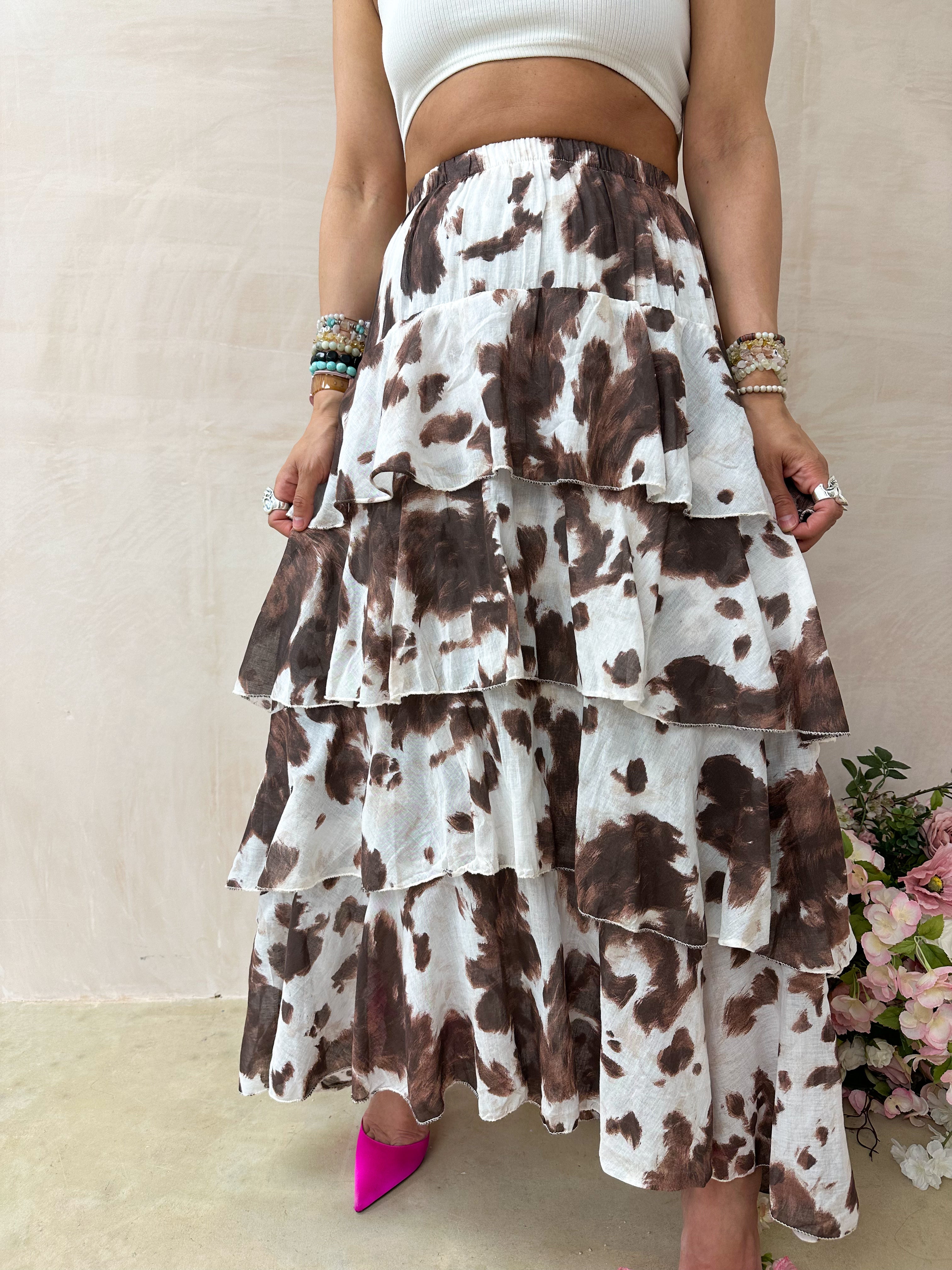 Tiered Ruffle Midi Skirt in Cow Print