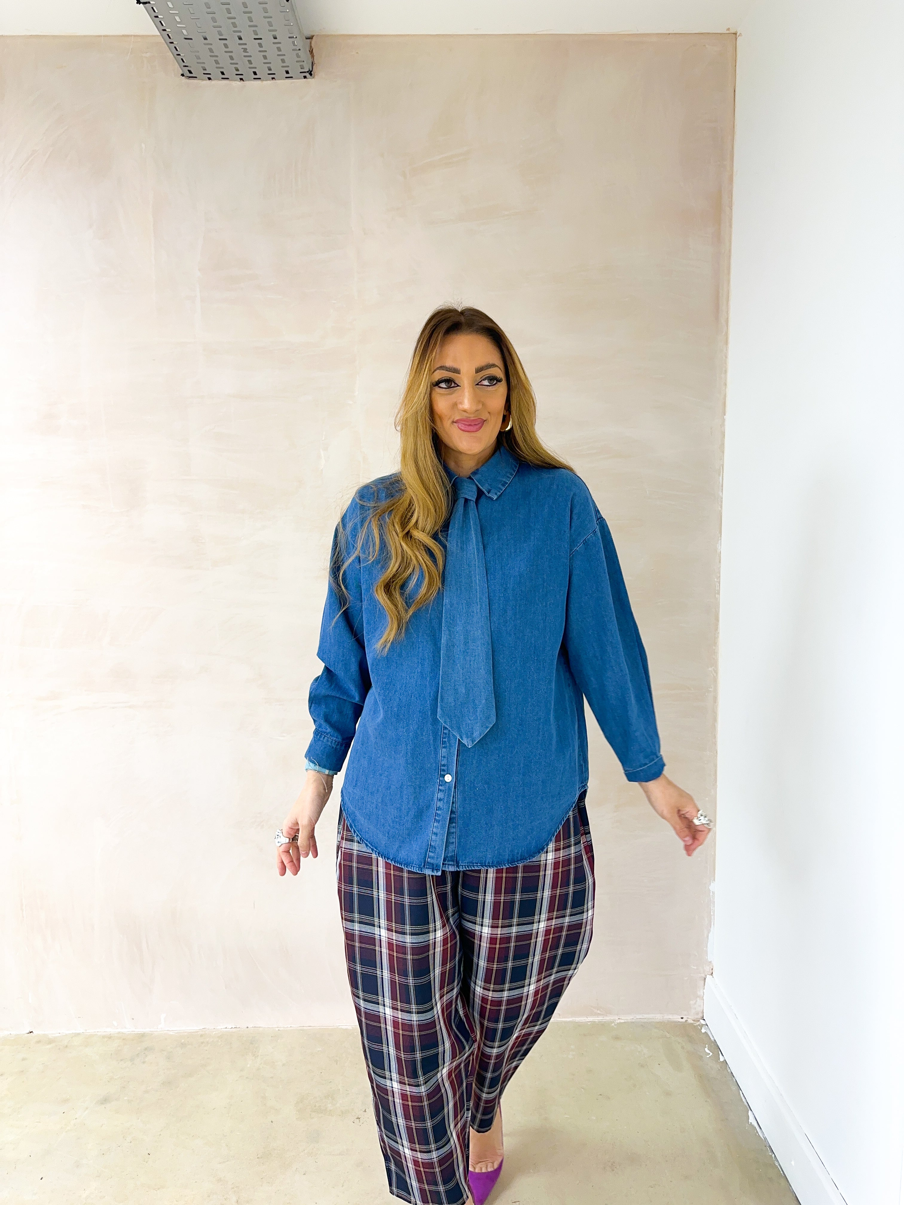 Relaxed Fit Tie Detail Shirt In Blue Denim