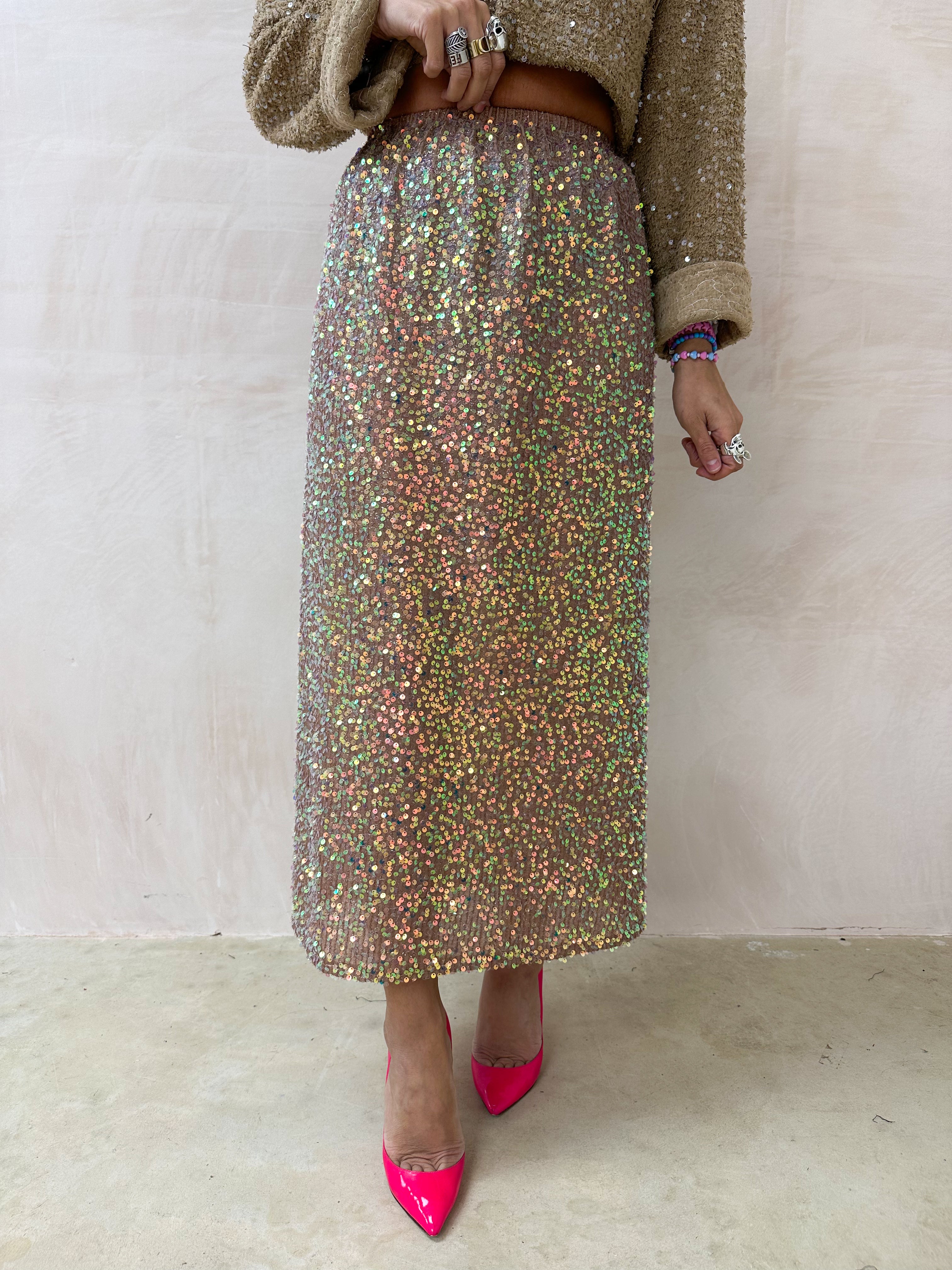 'Candy' Iridescent Sequin Midi Skirt In Nude