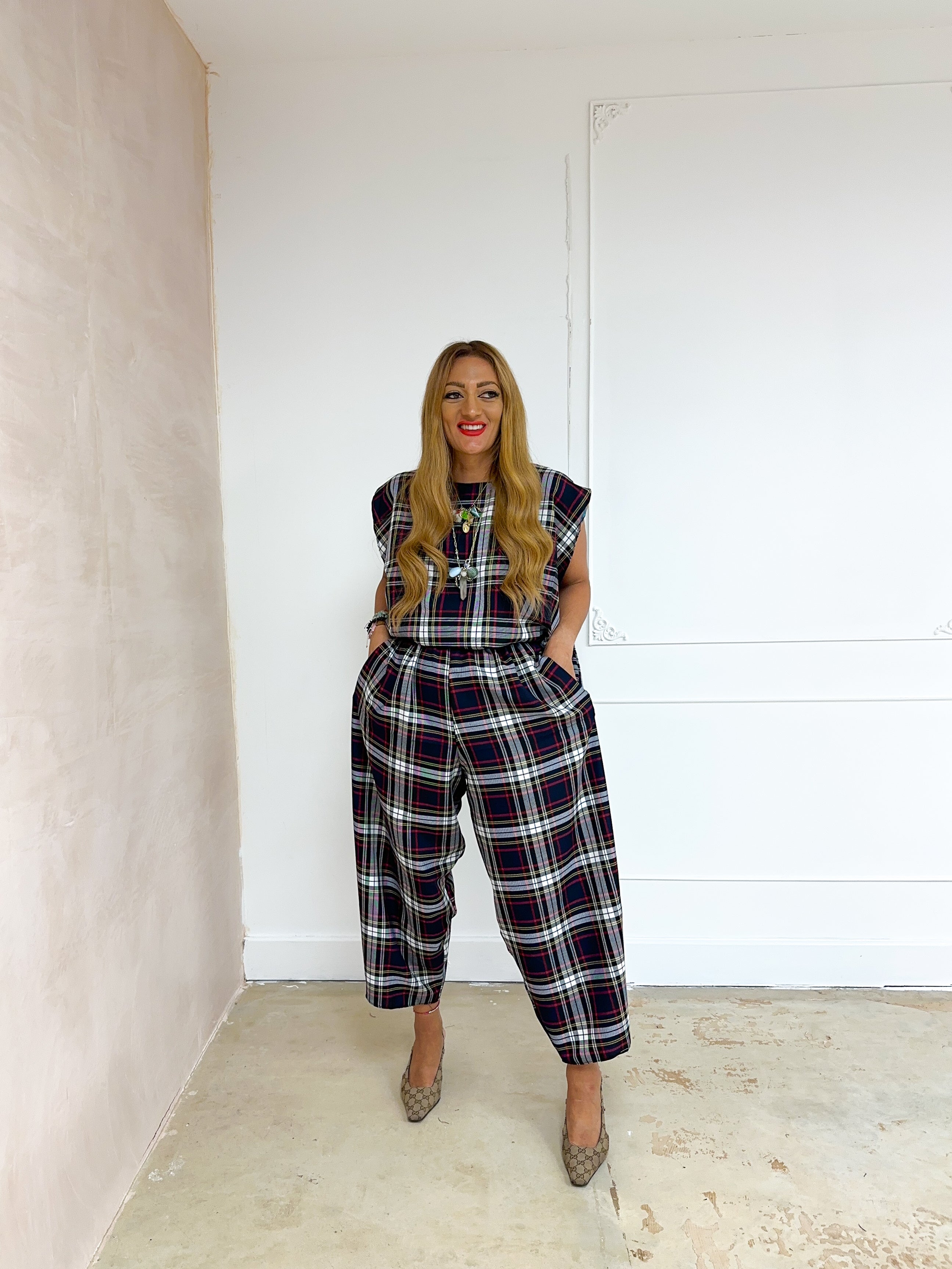 Muse Balloon Trousers In Navy Tartan