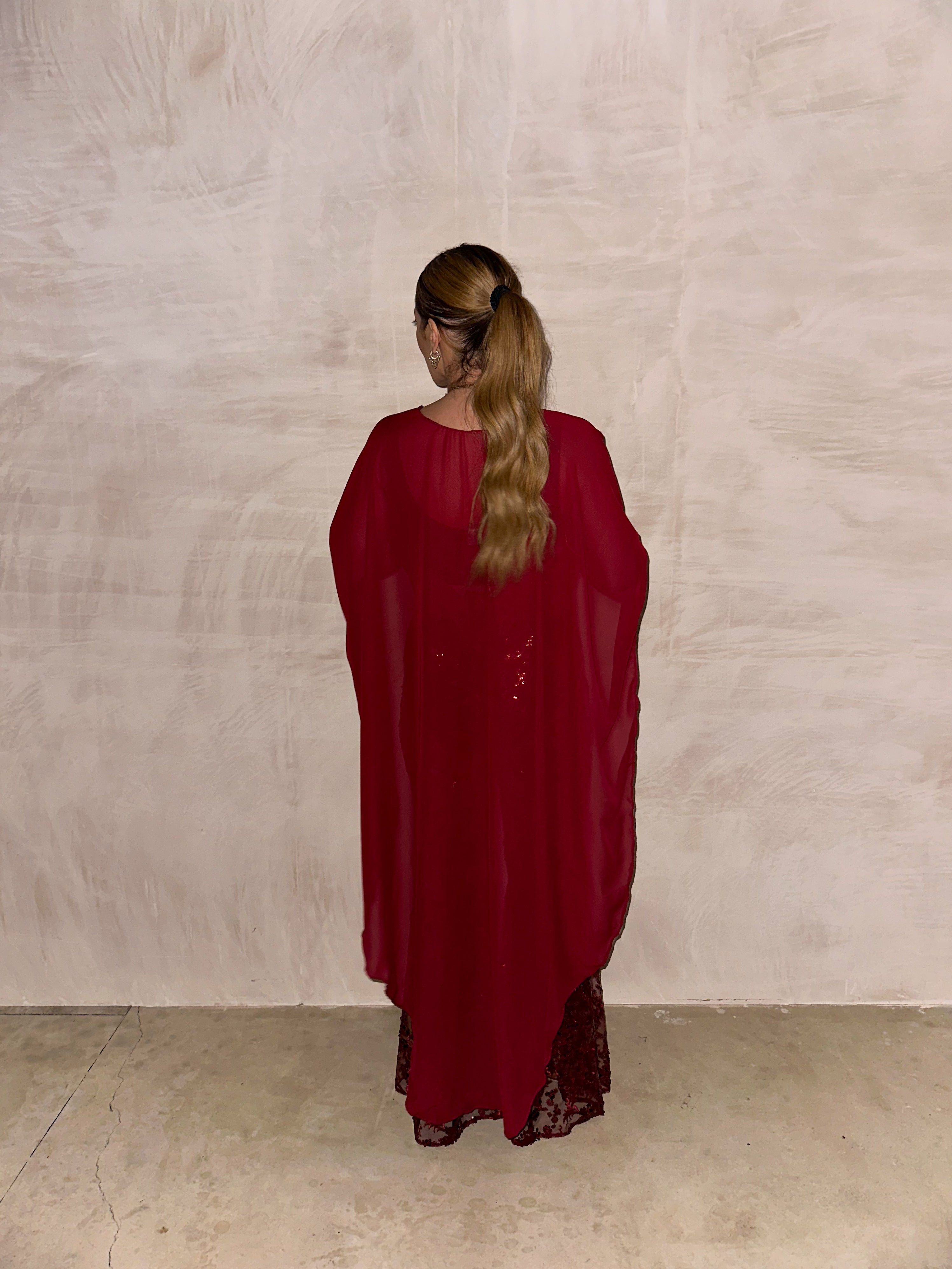 The Jasmine Chiffon Cape Top In Burgundy