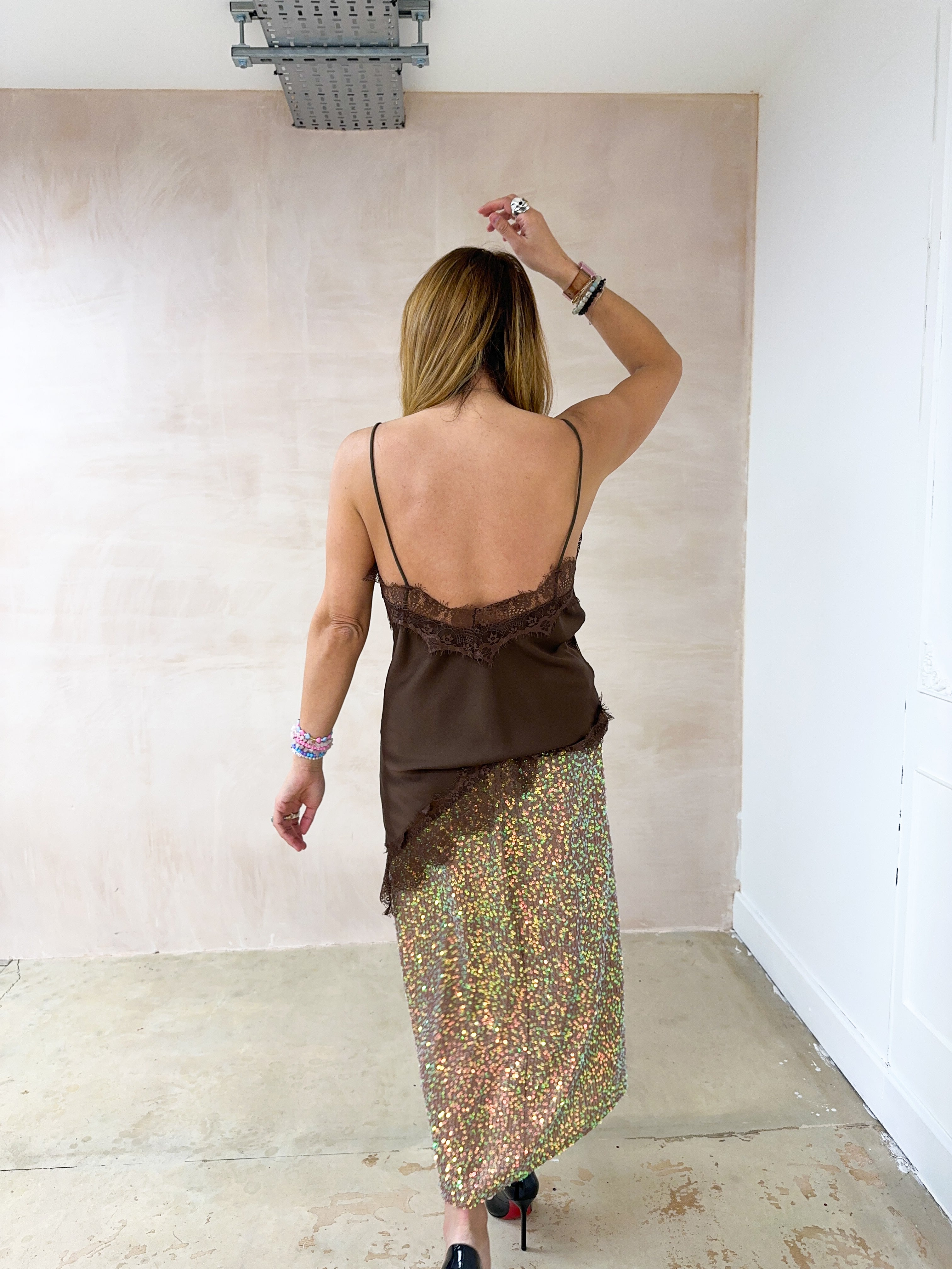Lace Detail Satin Cami Top In Brown