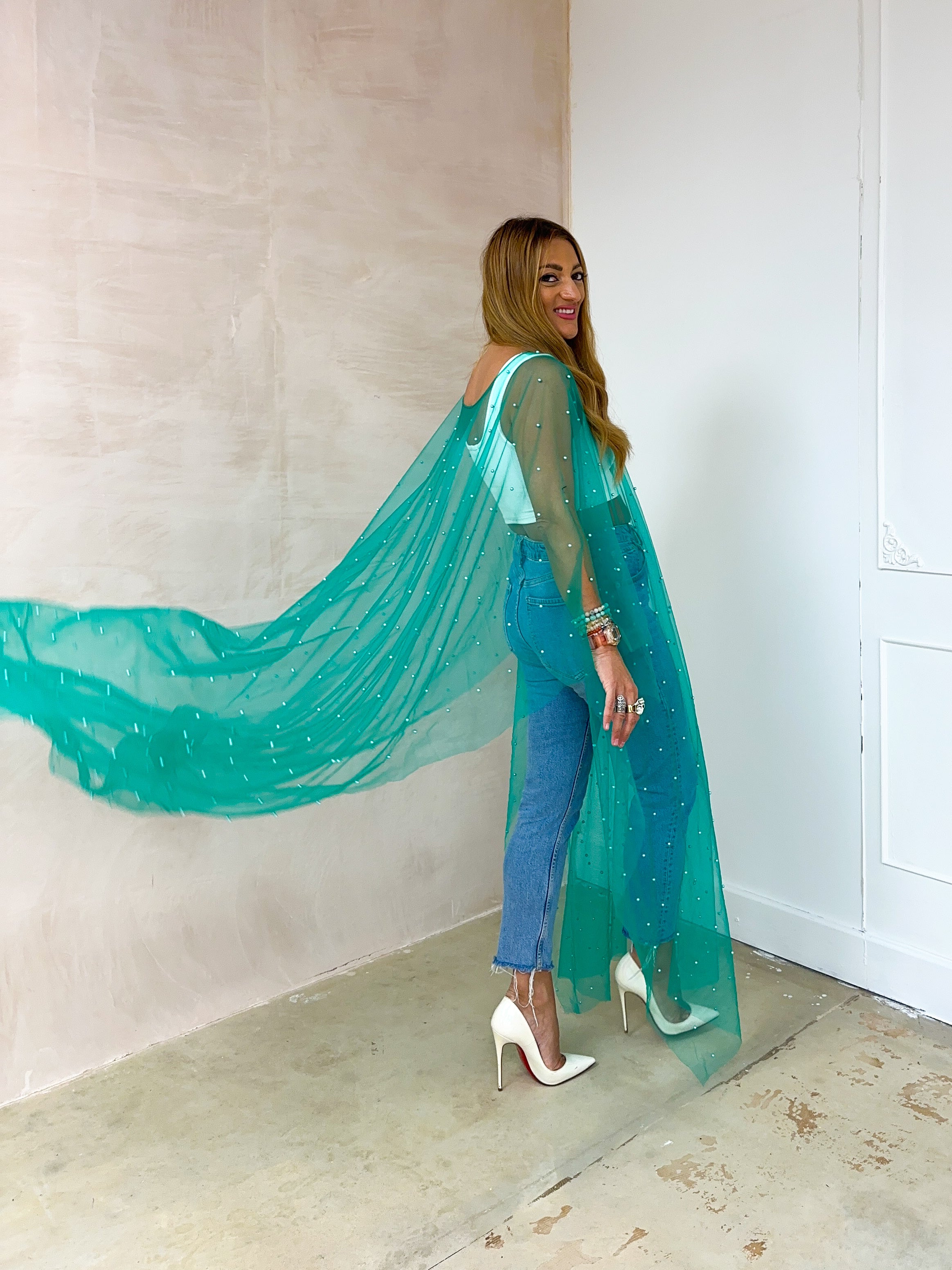 Tulle Vixen Pearl Mesh Kimono In Bright Green