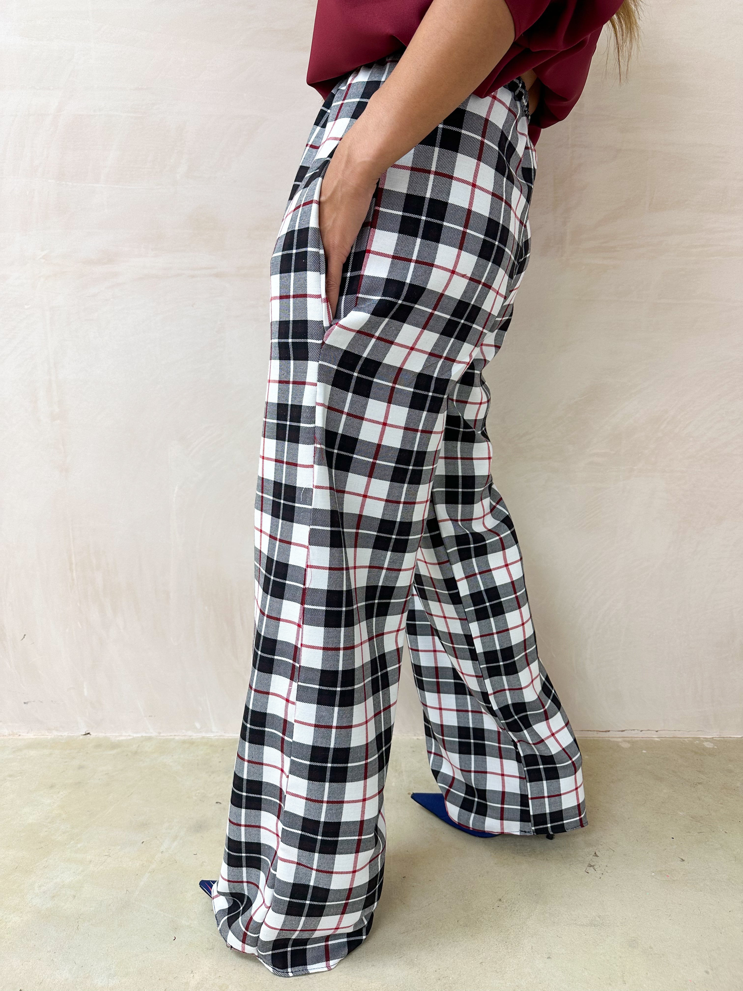 Muse Wide Leg Trousers In White Tartan
