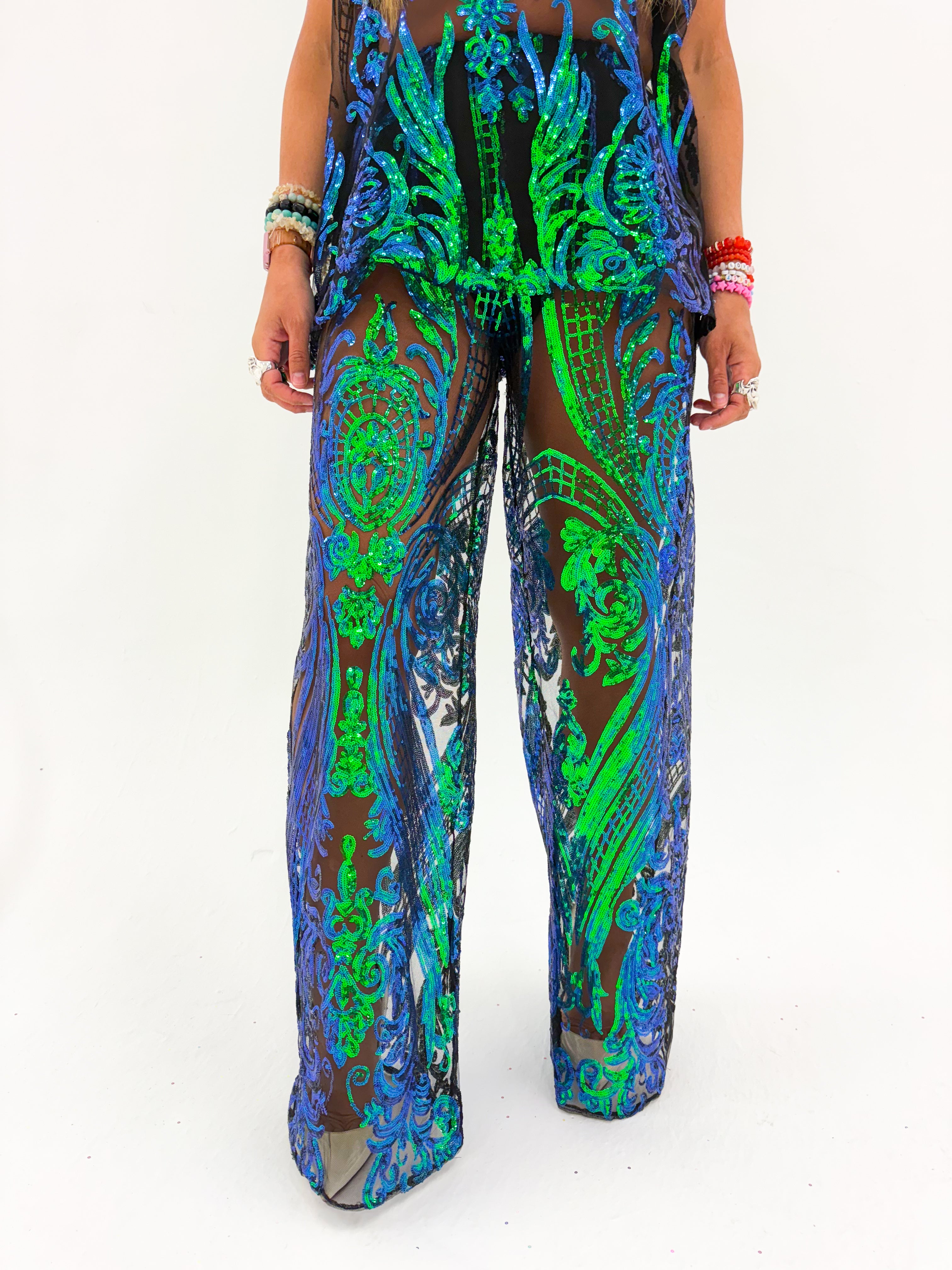 The Solaris Sequin Trousers In Bottle Green