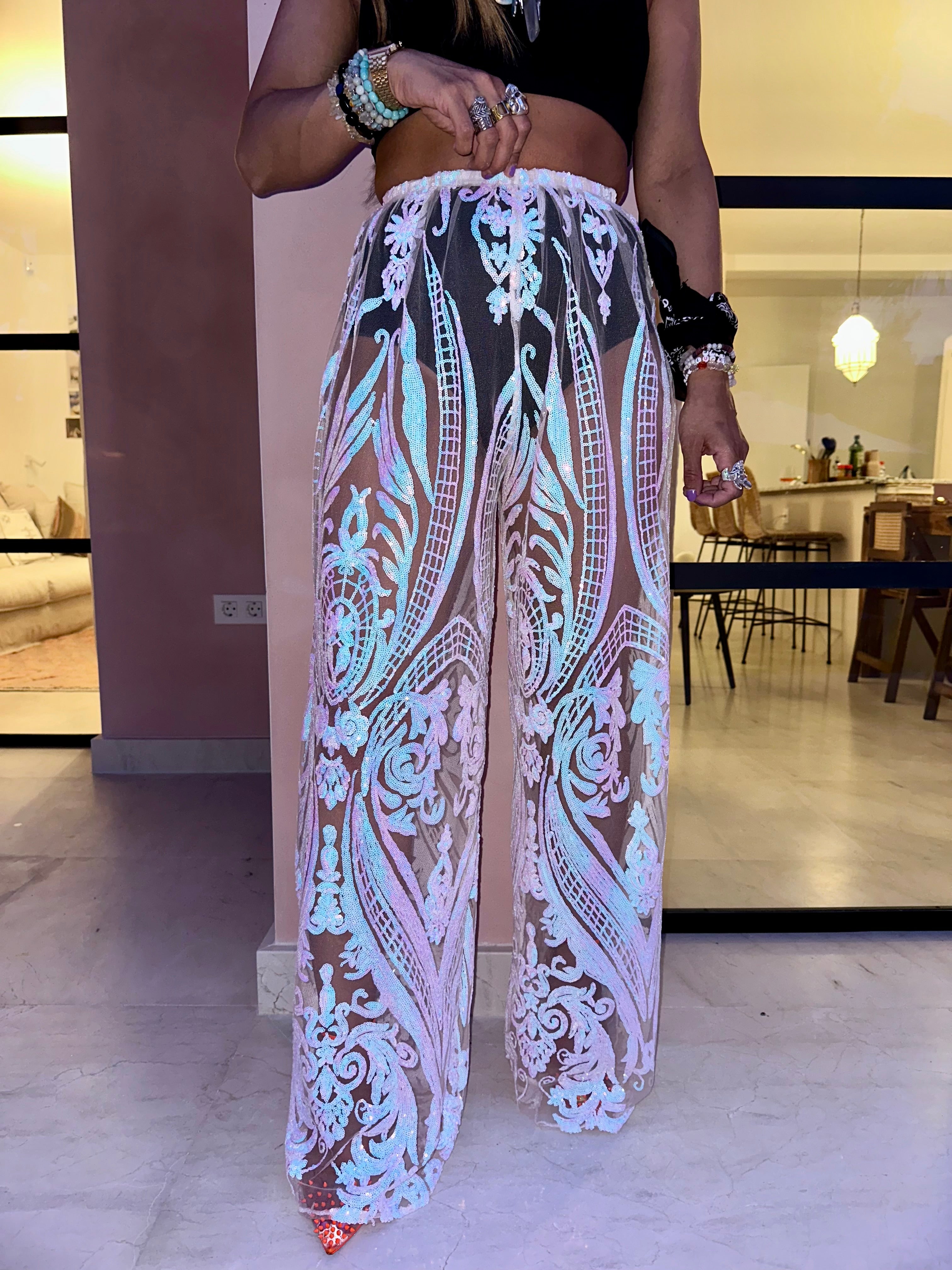 The Solaris Sequin Trousers In Iridescent White