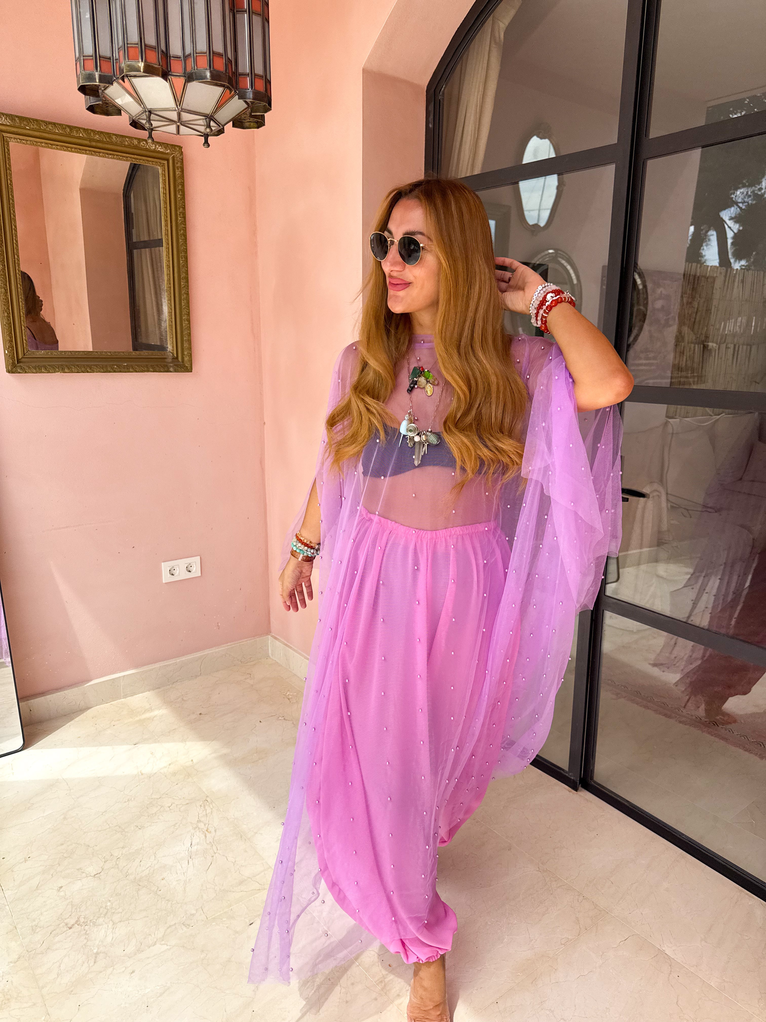 Tulle Vixen Pearl Mesh Kimono In Lilac
