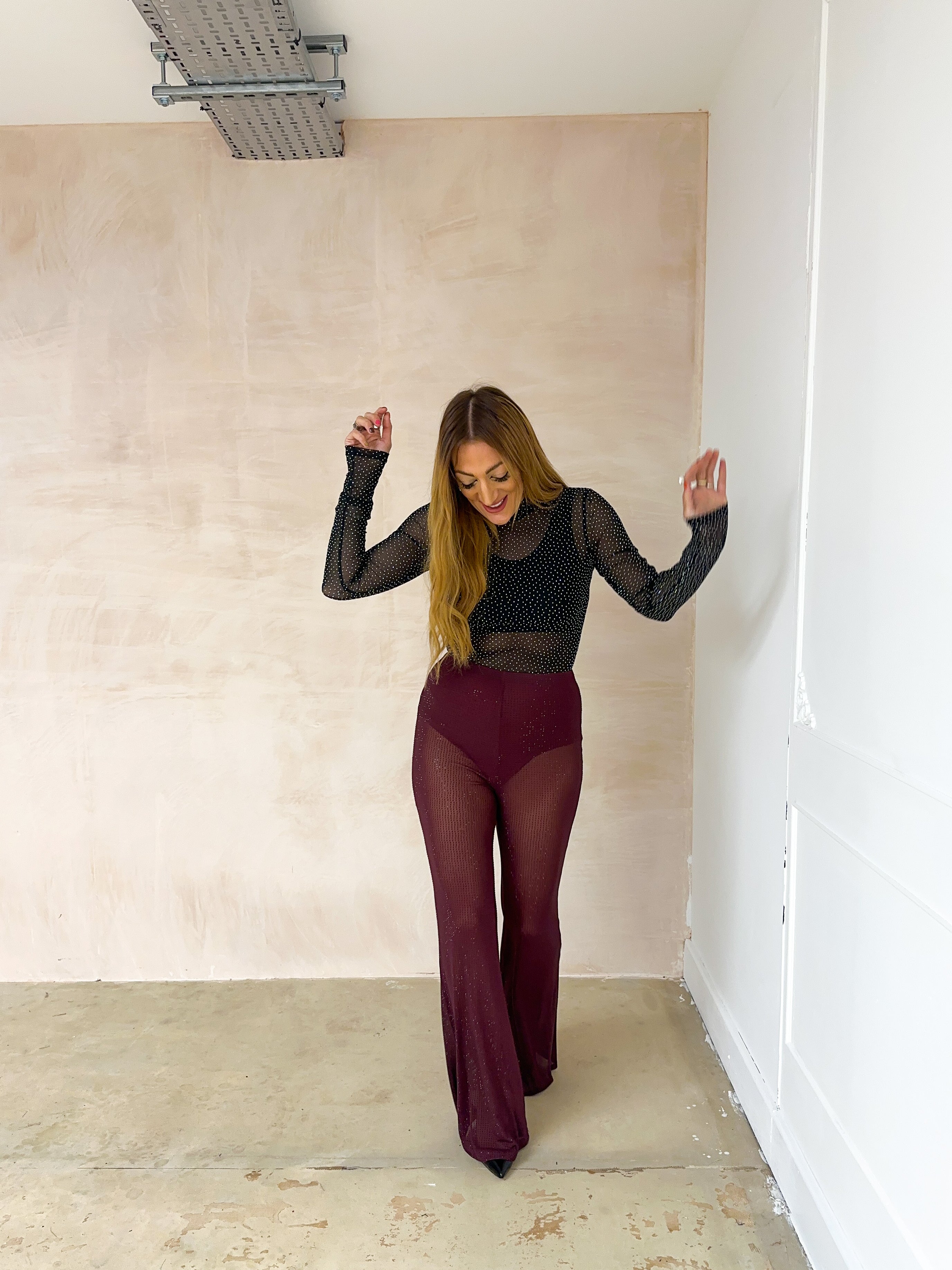 Scattered Rhinestone Mesh Bodysuit In Black