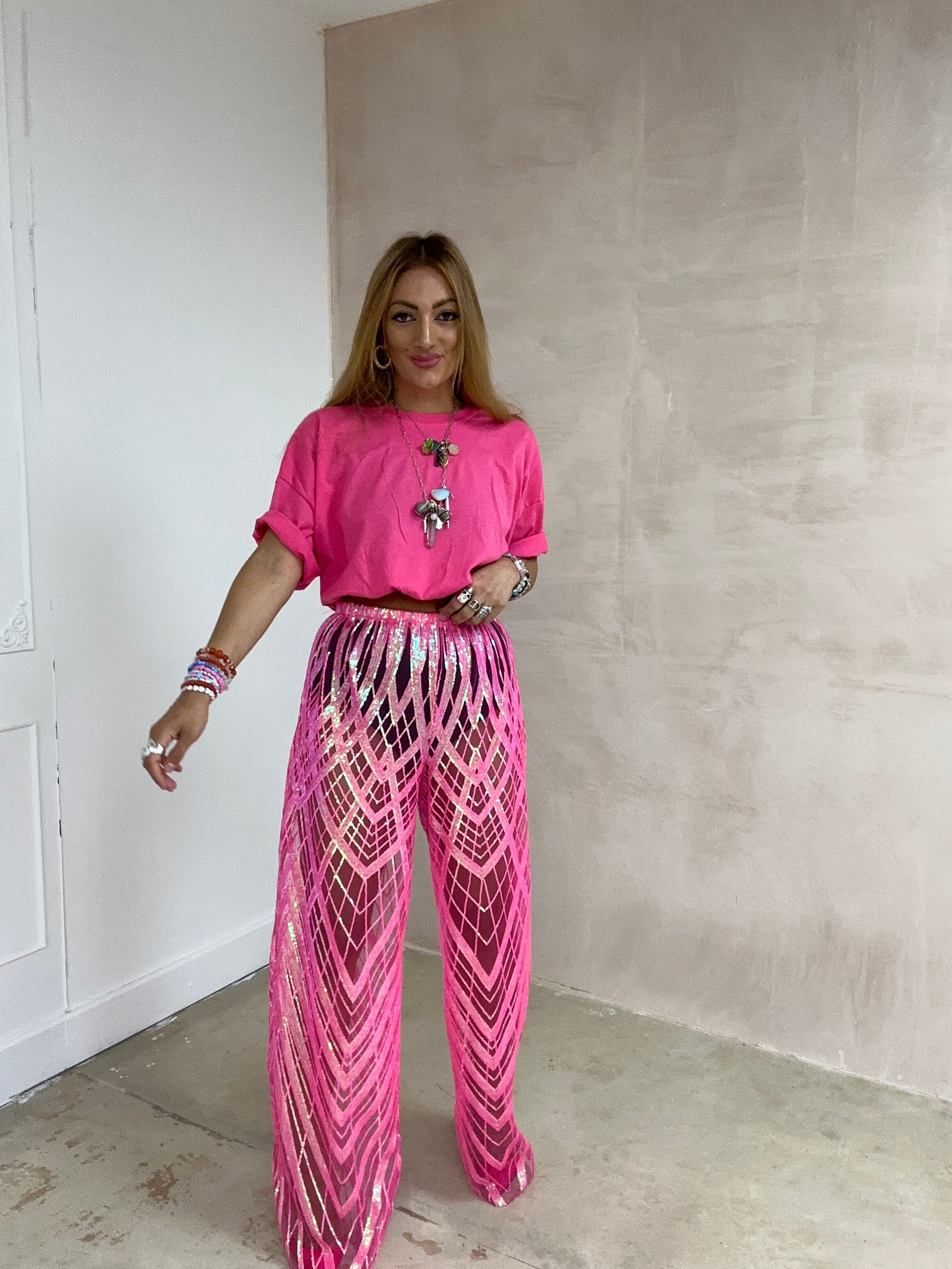 Solaris Vega Sequin Trousers In Hot Pink