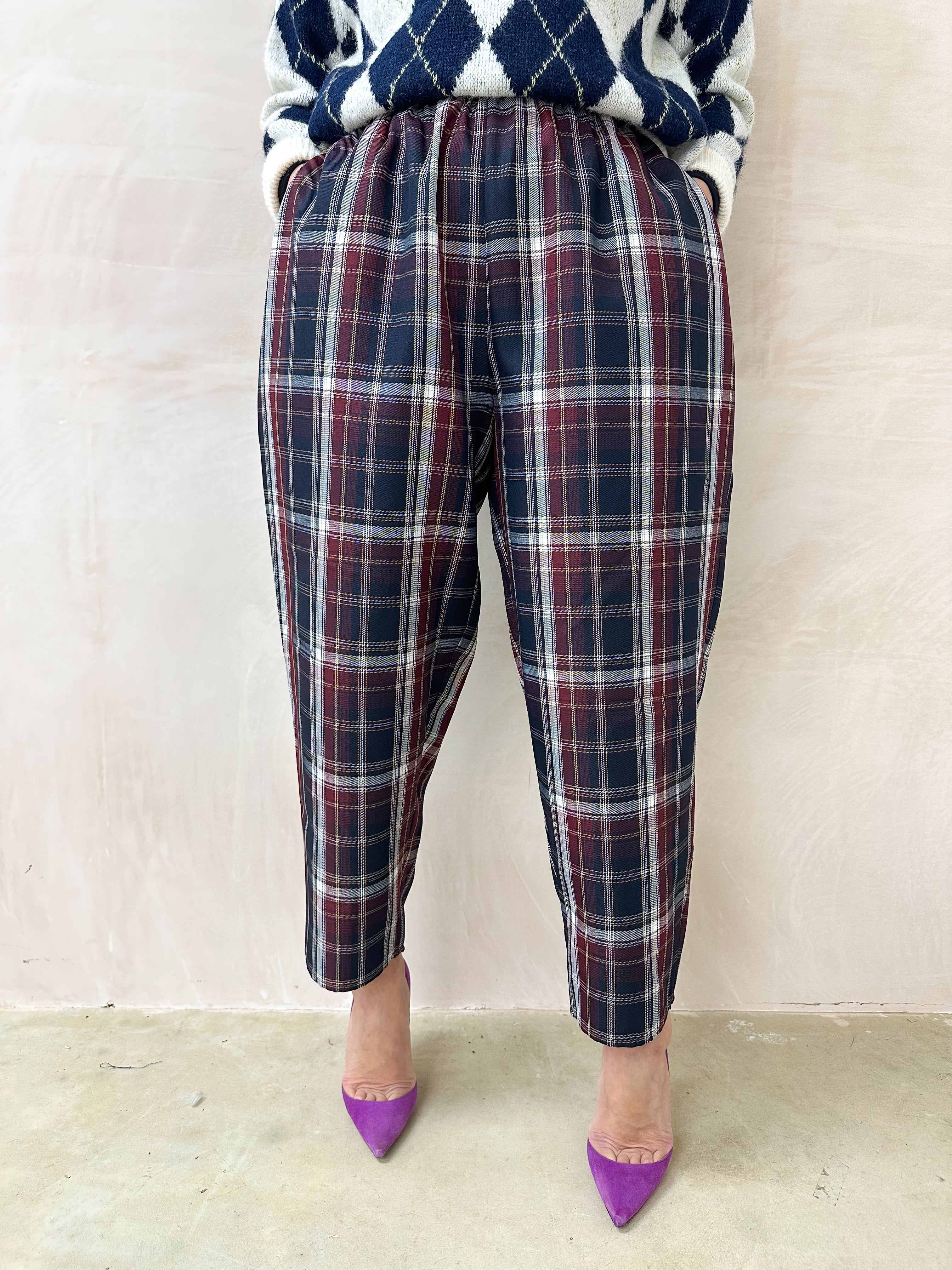 Tartan Check Balloon Trousers In Navy