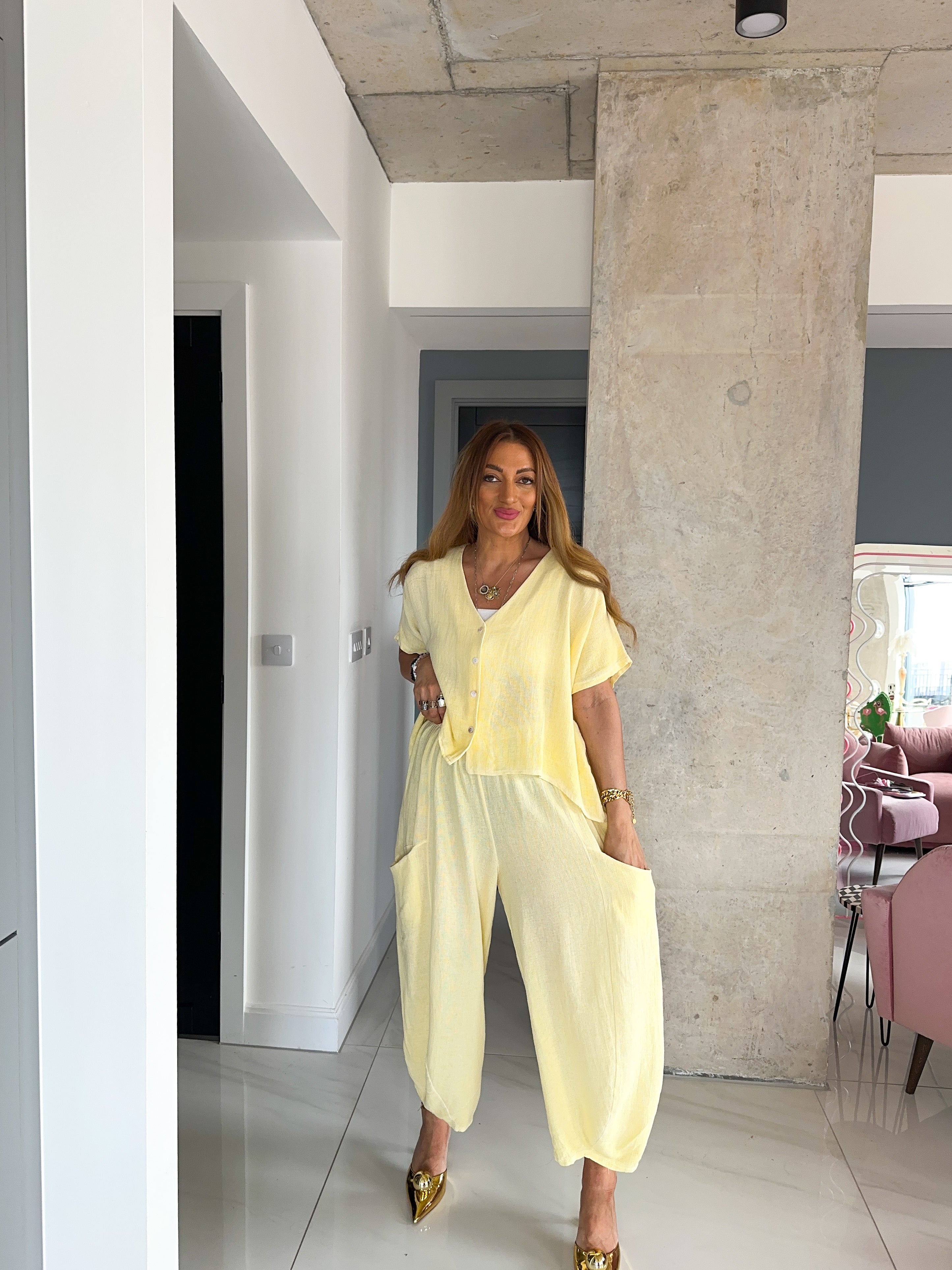 Linen Balloon Style Trousers In Candy Yellow