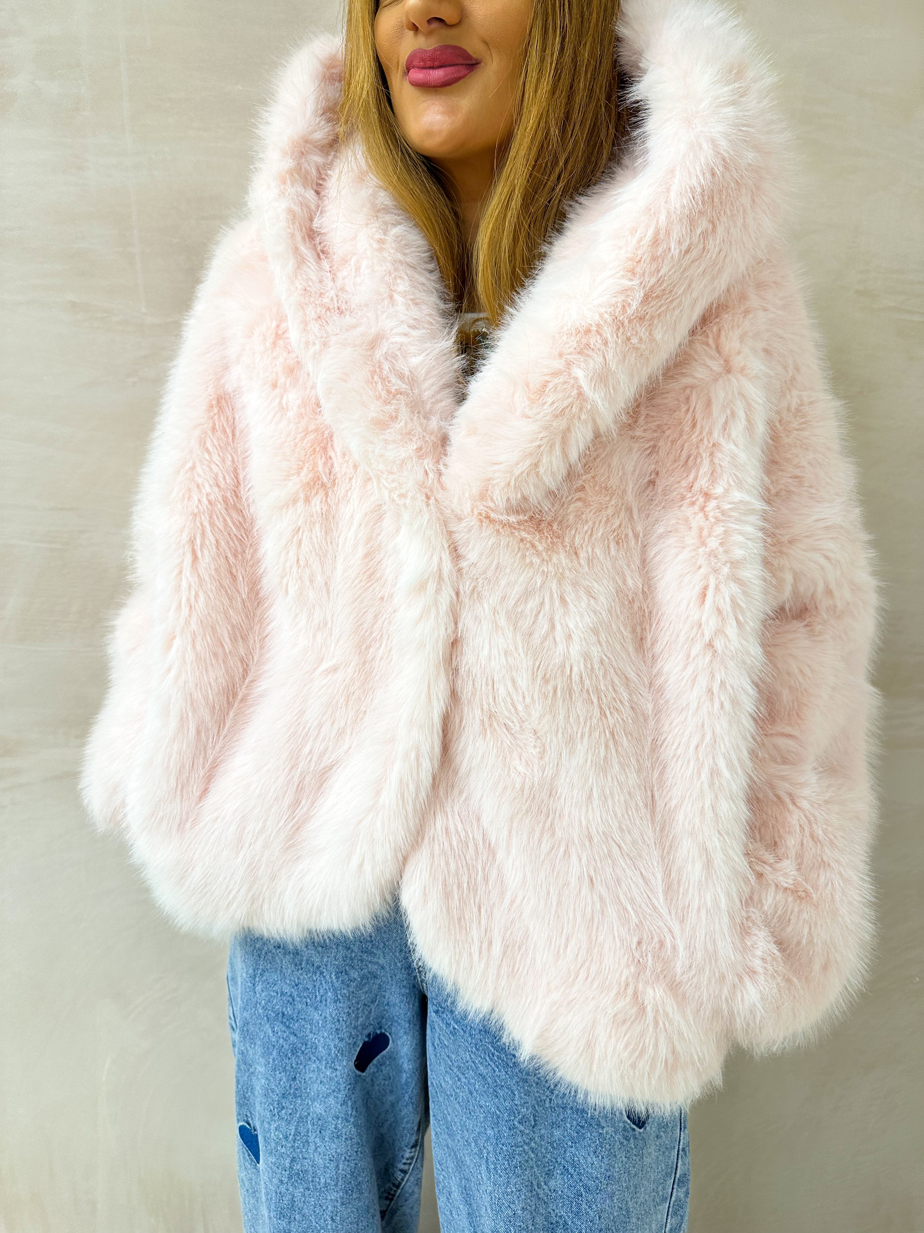 Luxury Faux Fur Hooded Coat In Pink