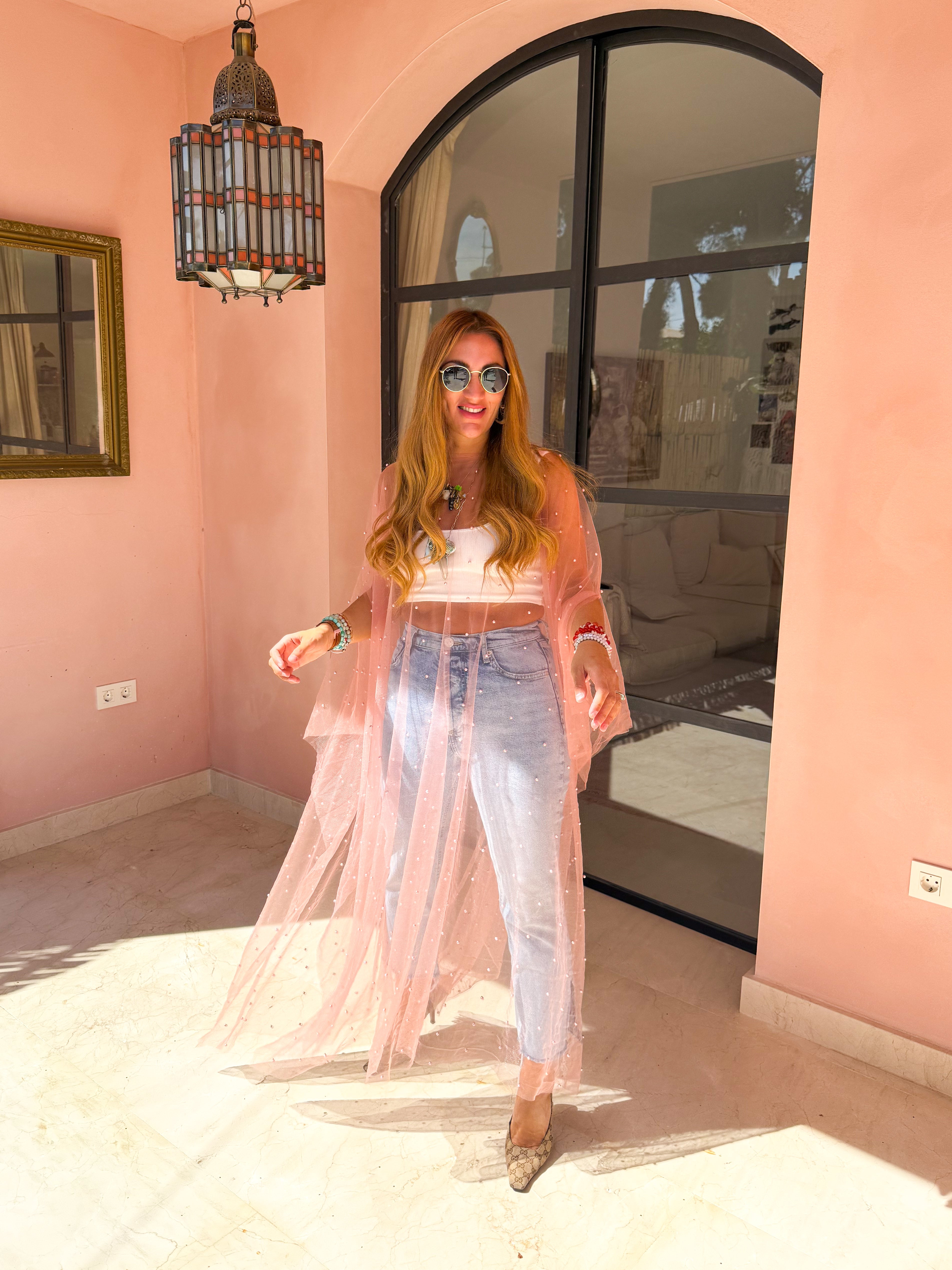 Tulle Vixen Pearl Mesh Kimono In Pale Pink