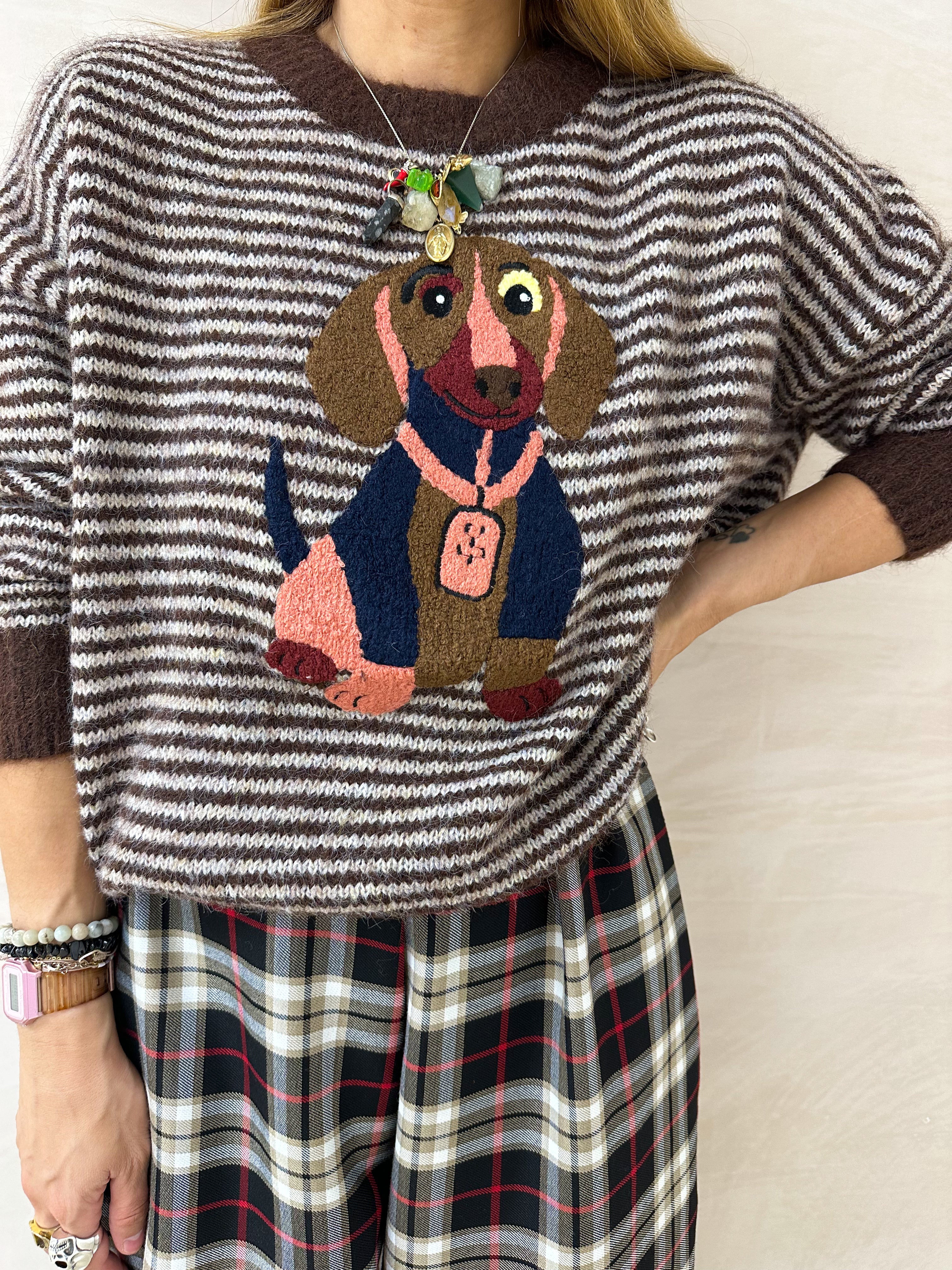 Knitted Stripe Puppy Jumper In Brown