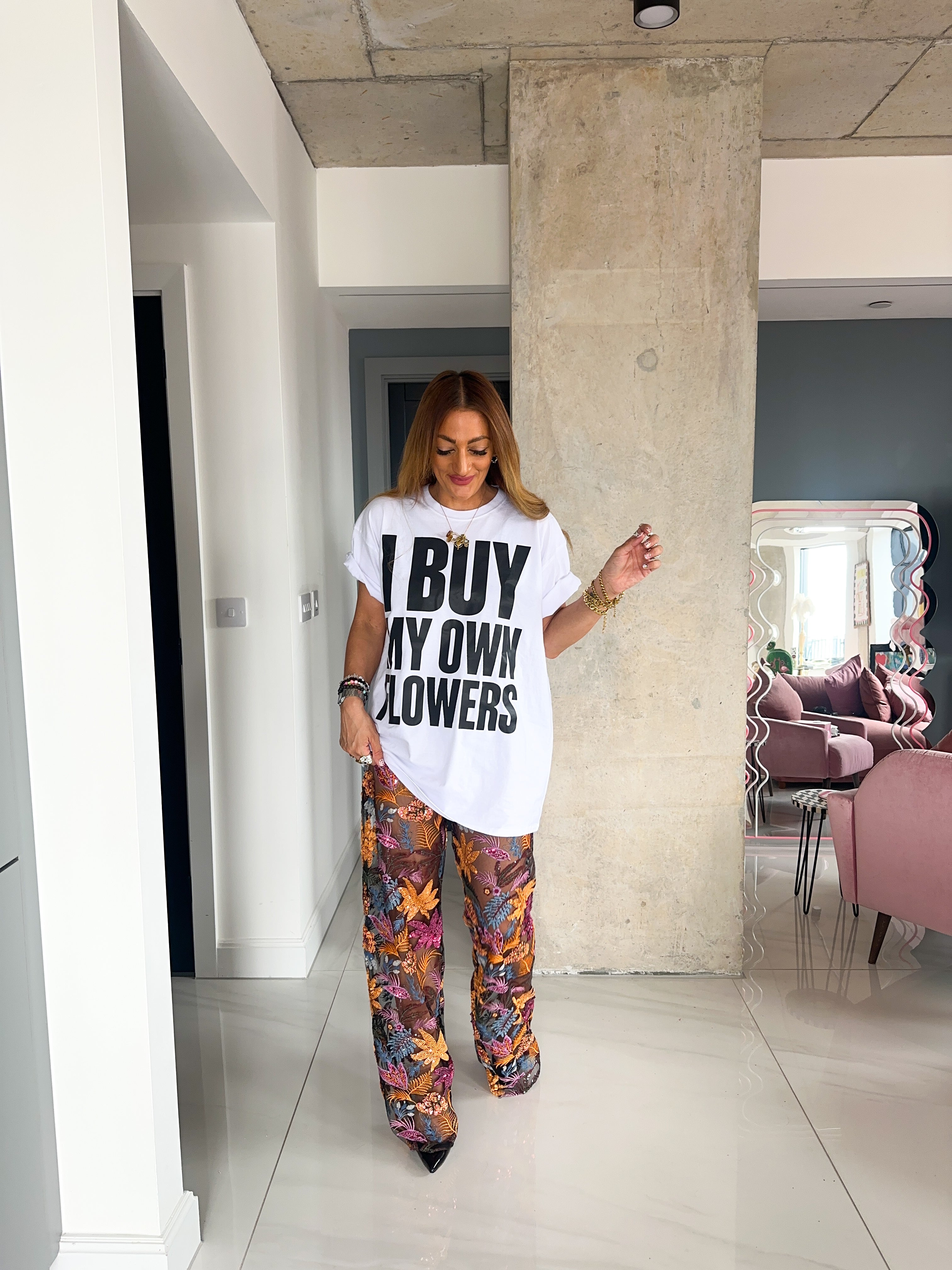 'Flowers' Slogan T-Shirt In White