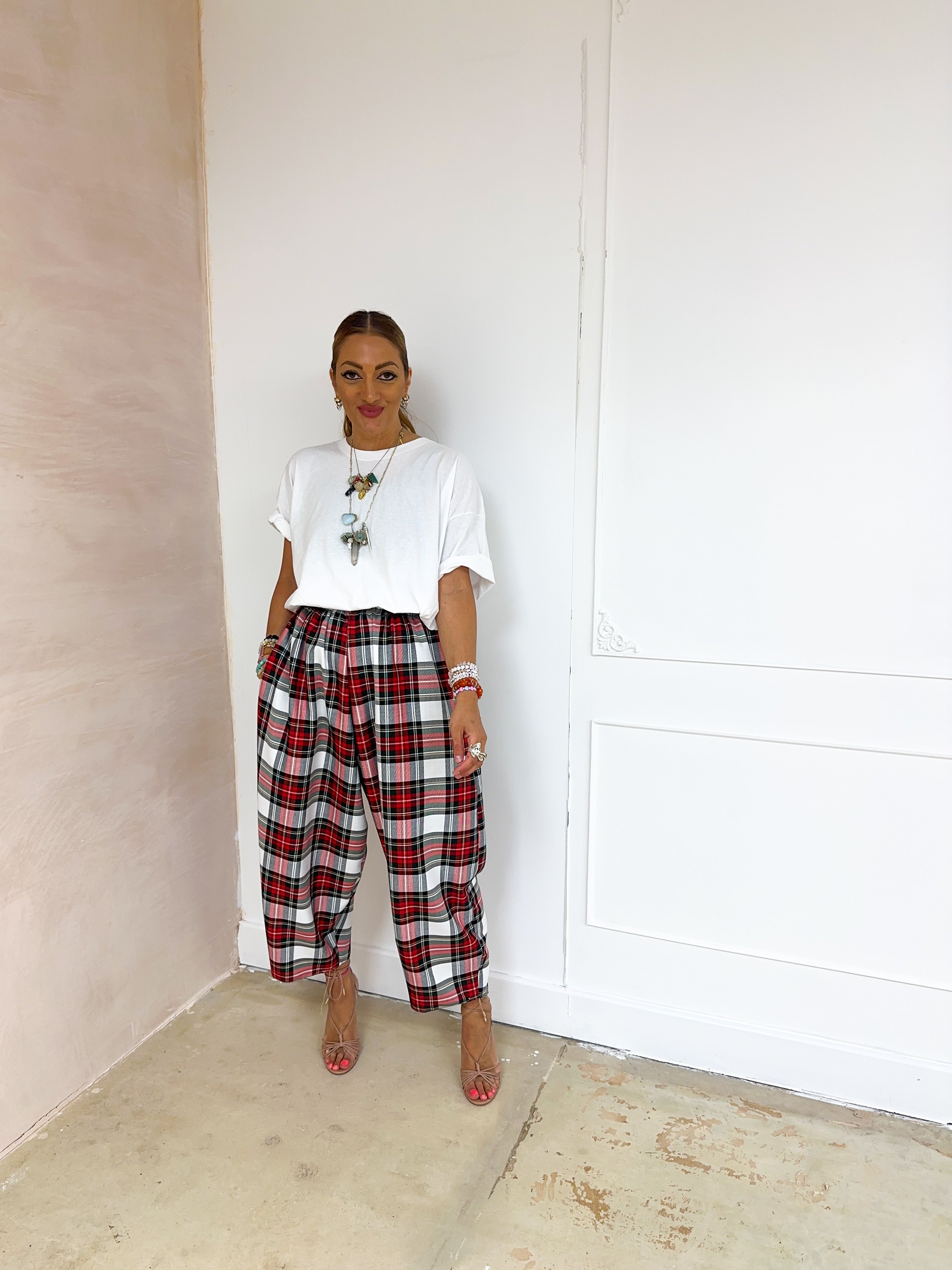 Muse Balloon Trousers In Red/White Tartan