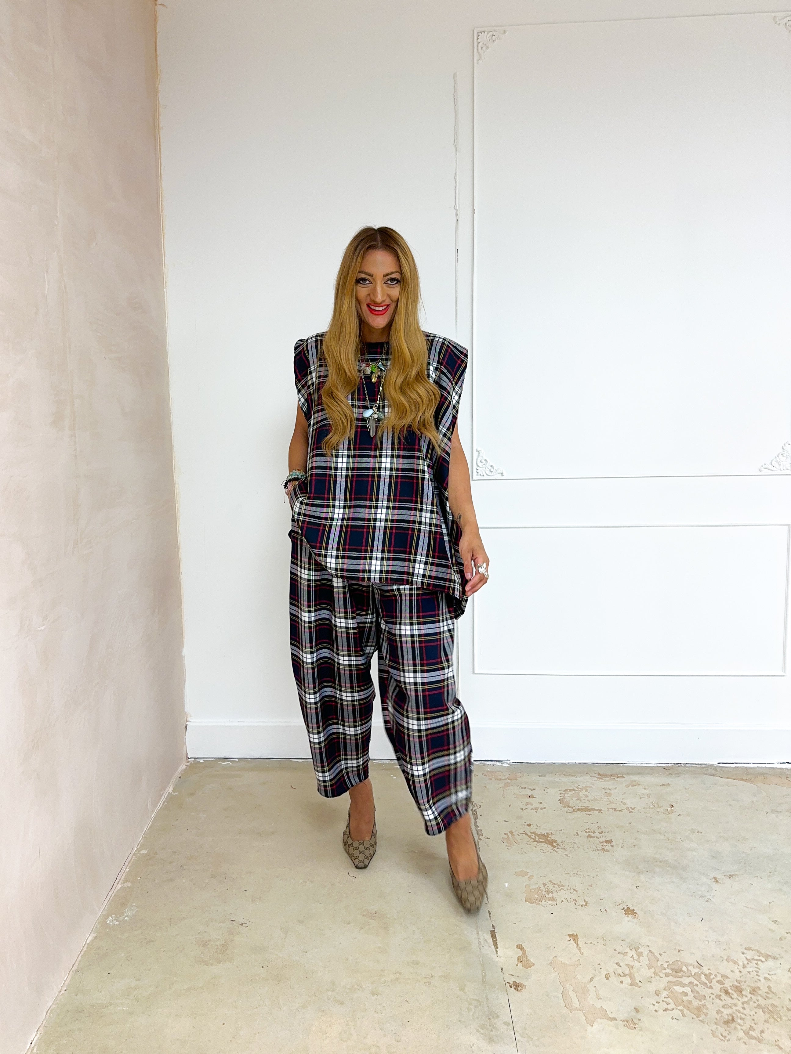 Muse Balloon Trousers In Navy Tartan