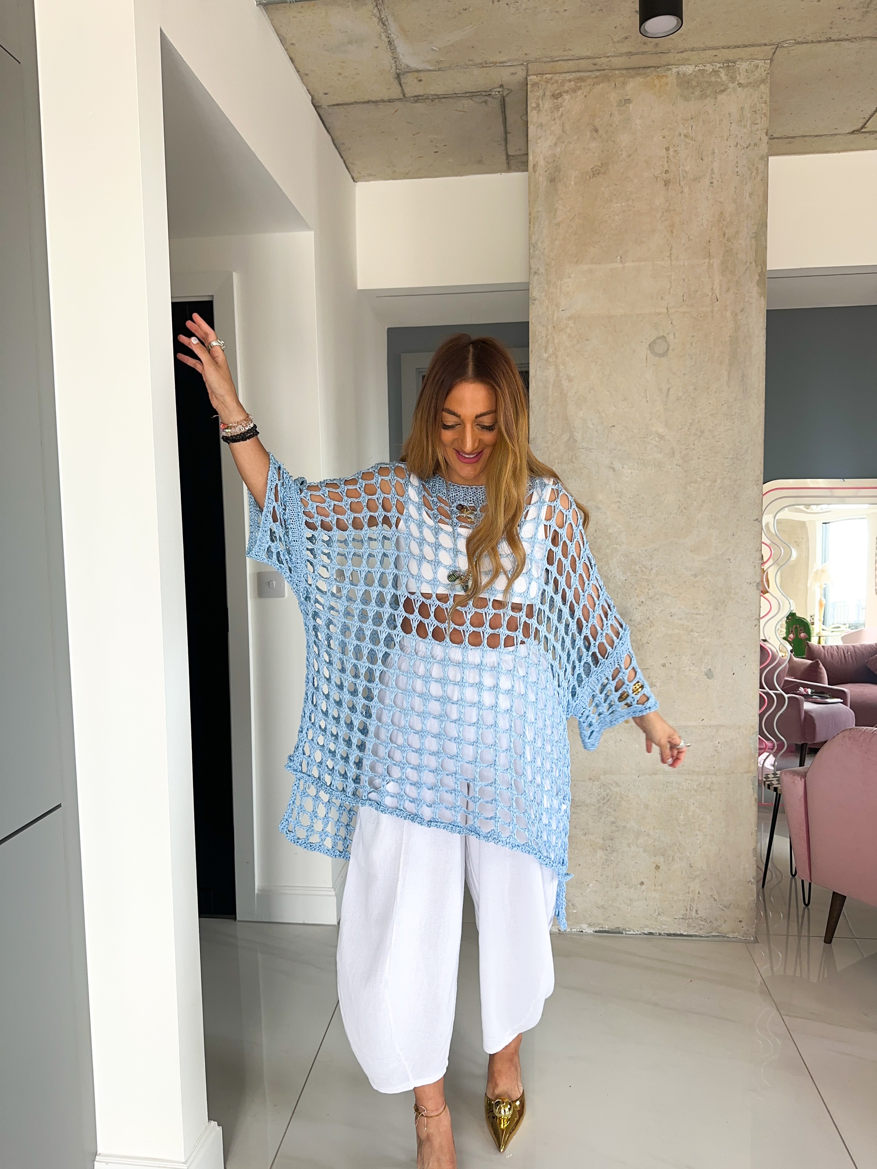 Loop Knit Oversized Sheer Jumper In Candy Blue