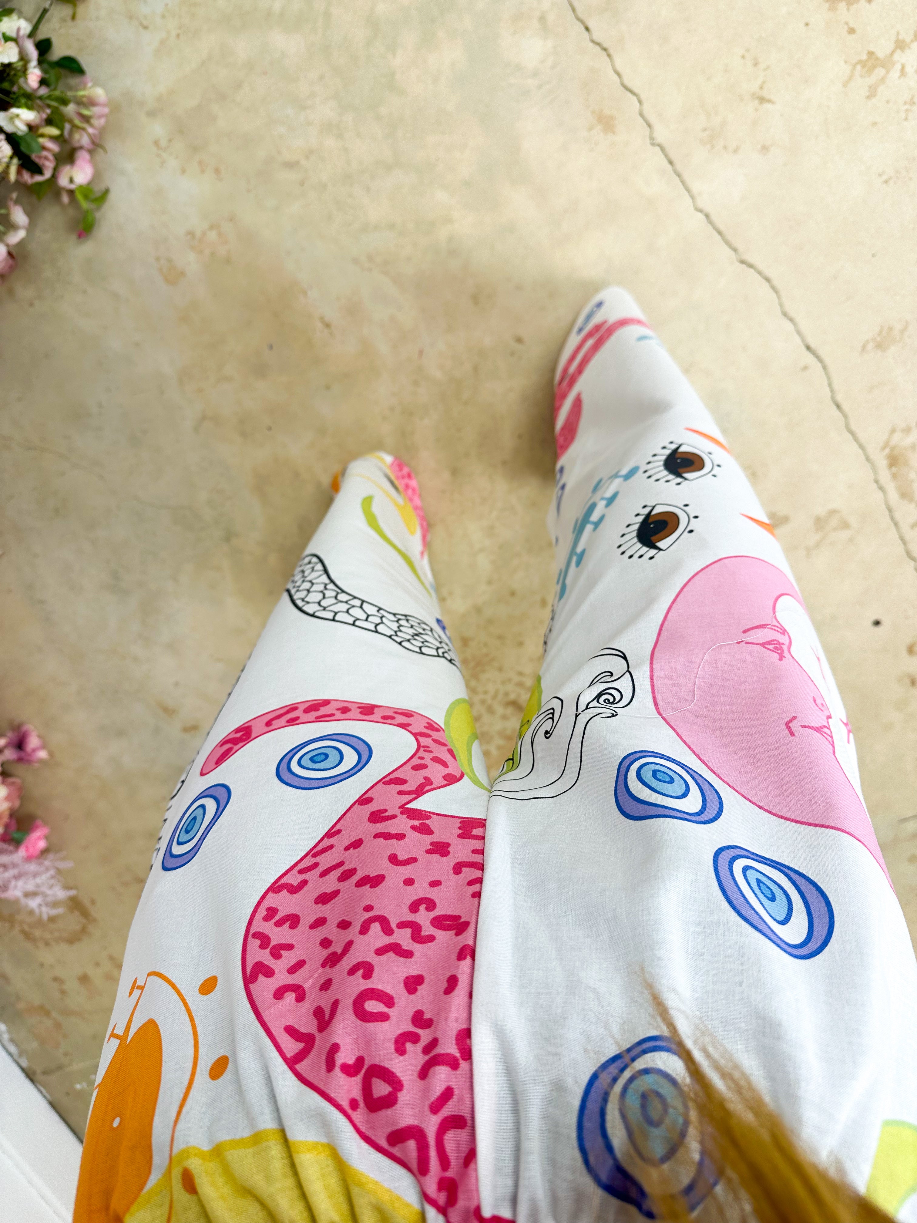 The Spellbound Wide Leg Trousers In White Mystical Print