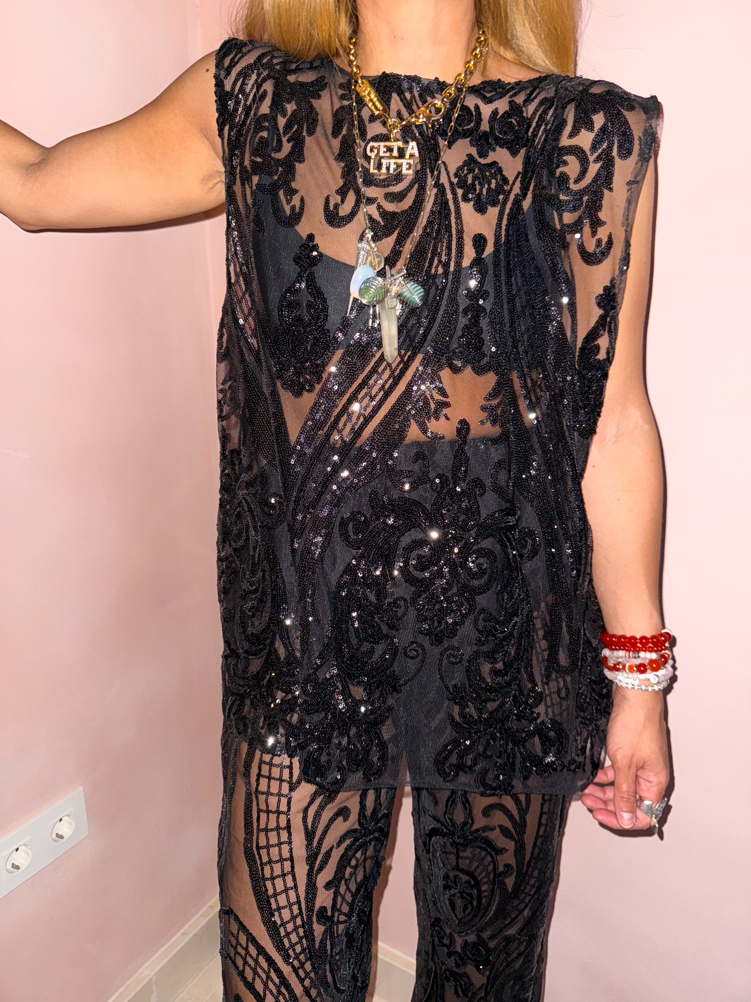 The Solaris Mesh Top In Black Sequin