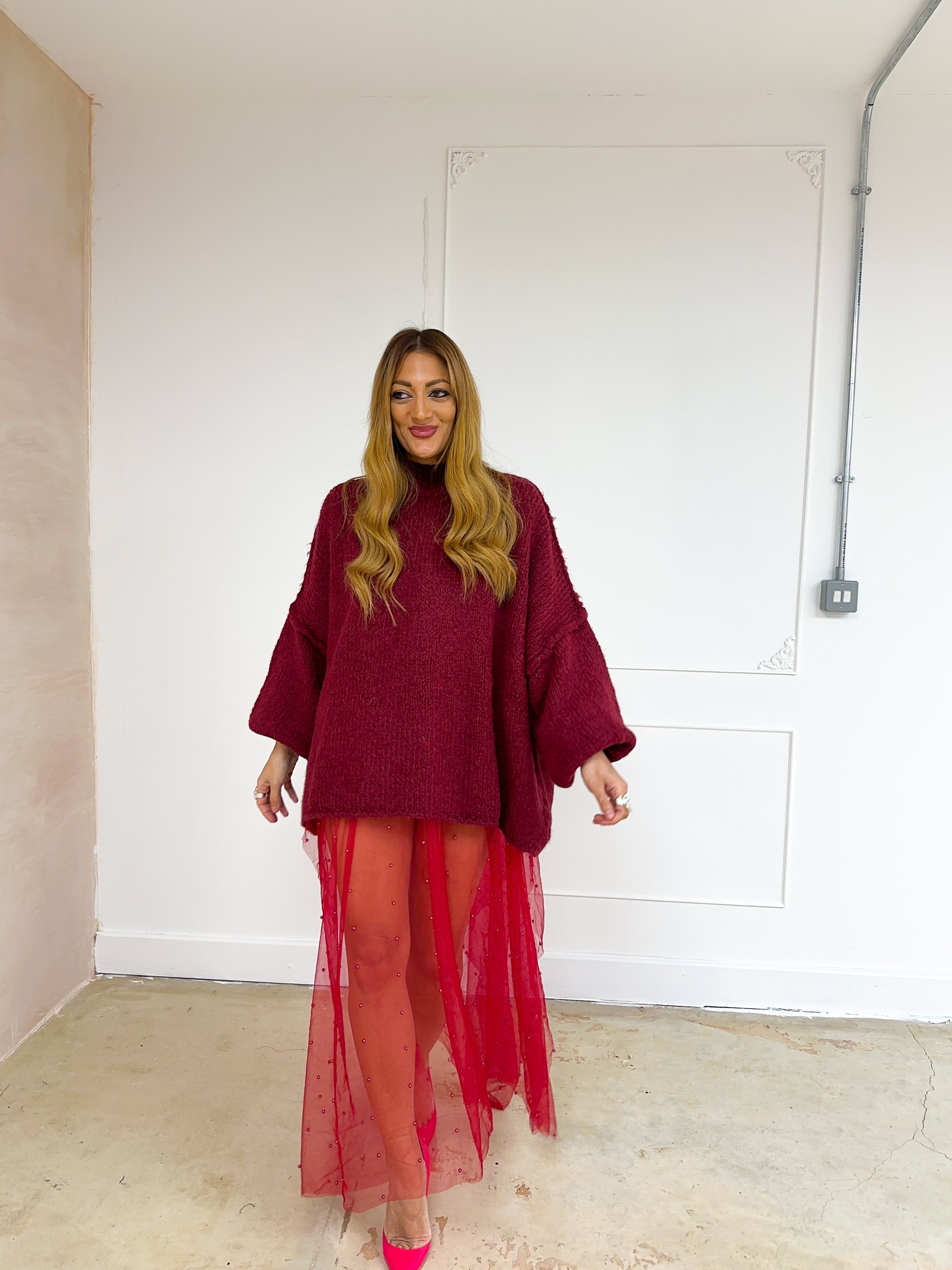 Chunky Knit Oversized Jumper In Burgundy