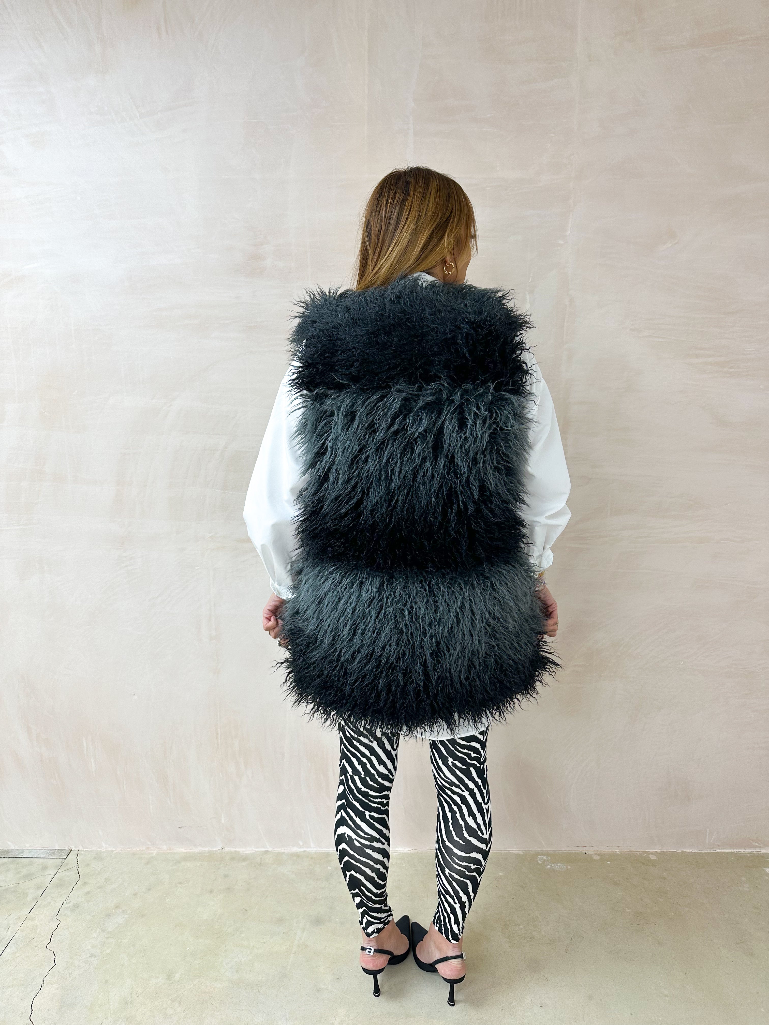 Shabby Faux Fur Gilet In Black/Grey Mix