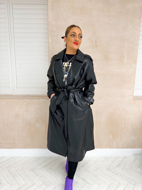 Faux Leather Relaxed Fit Trench Coat In Black