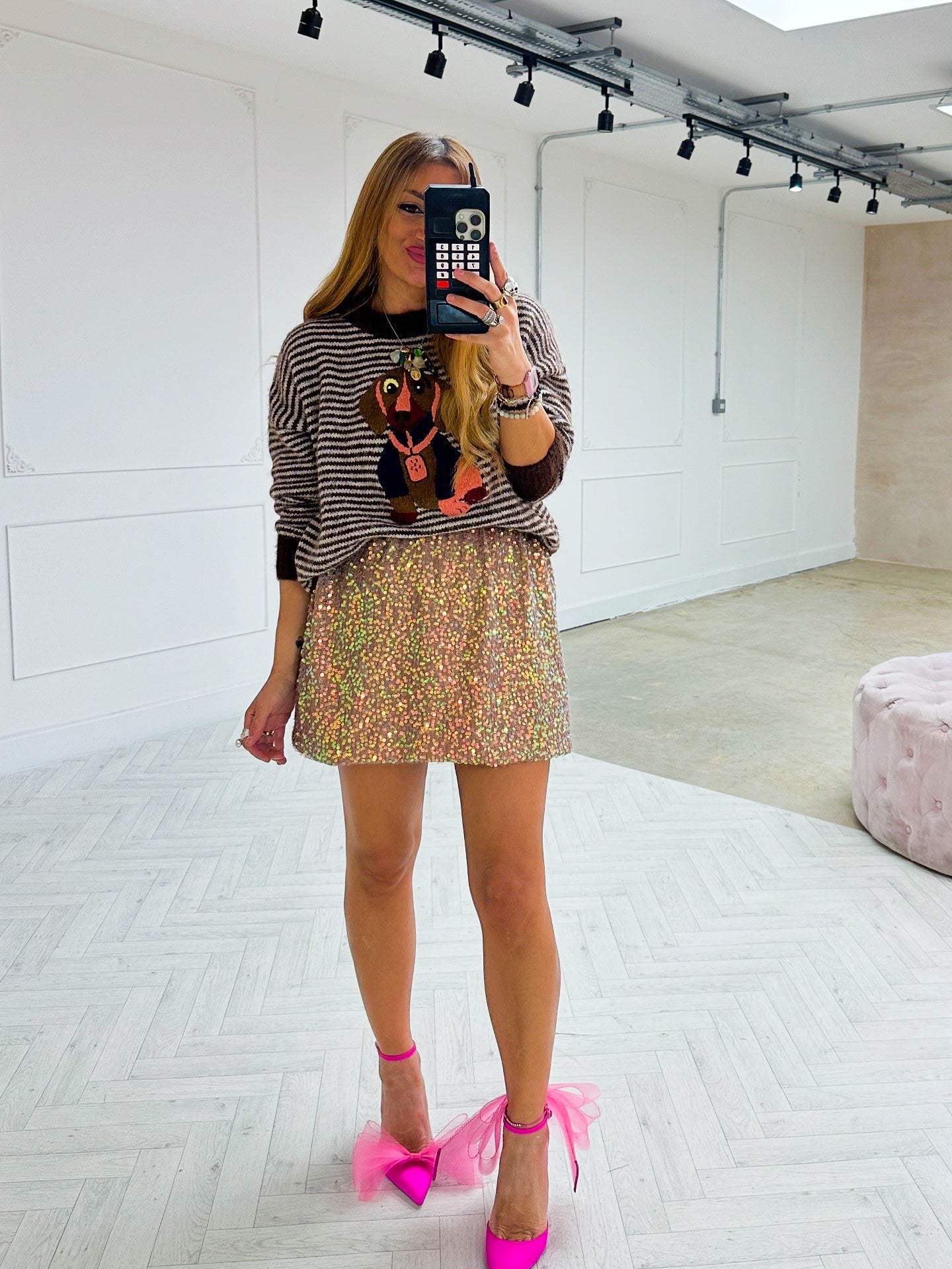 'Candy' Sequin Mini Skirt In Iridescent Nude