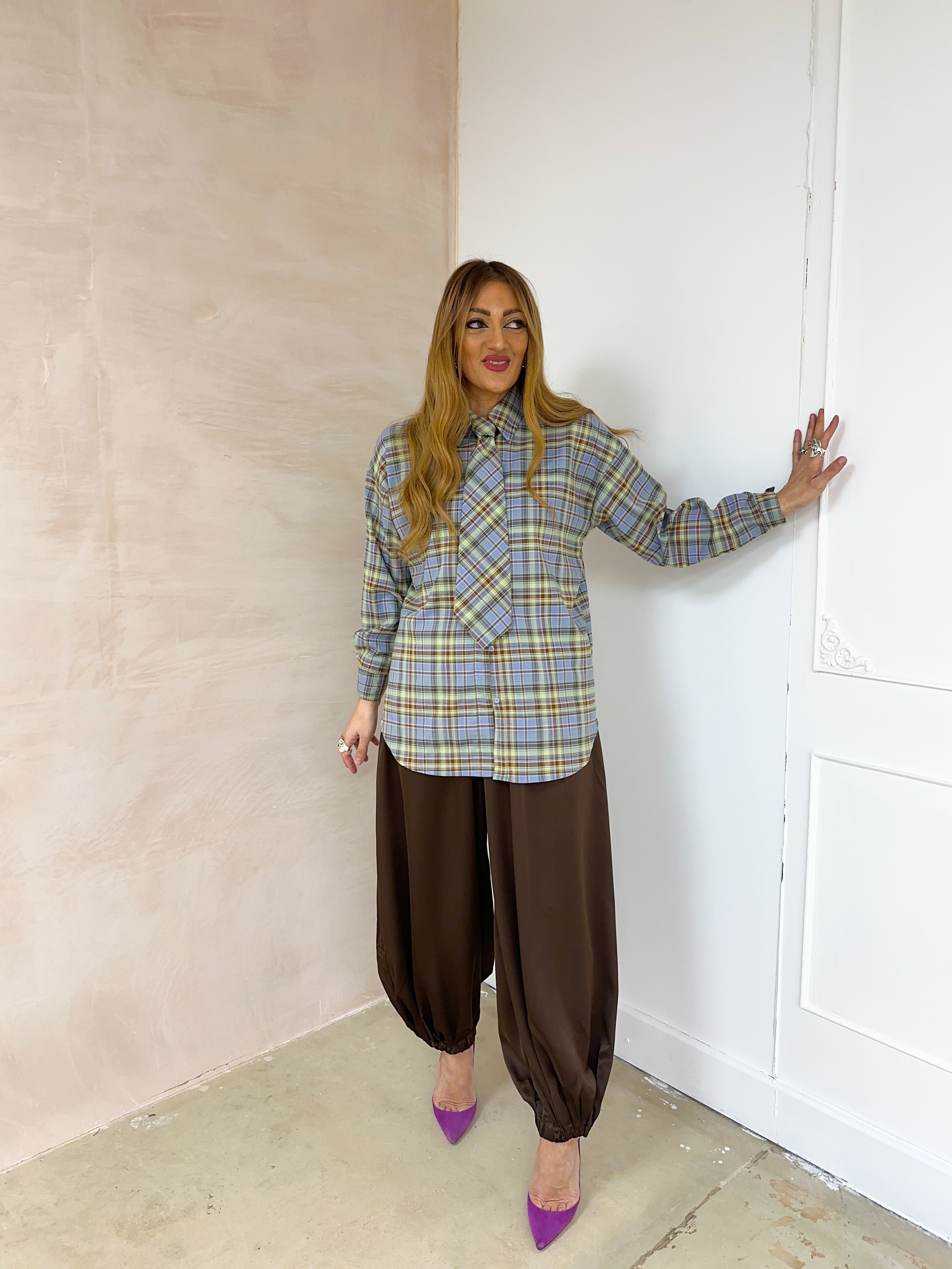 Relaxed Fit Tie Detail Shirt In Multi Tartan