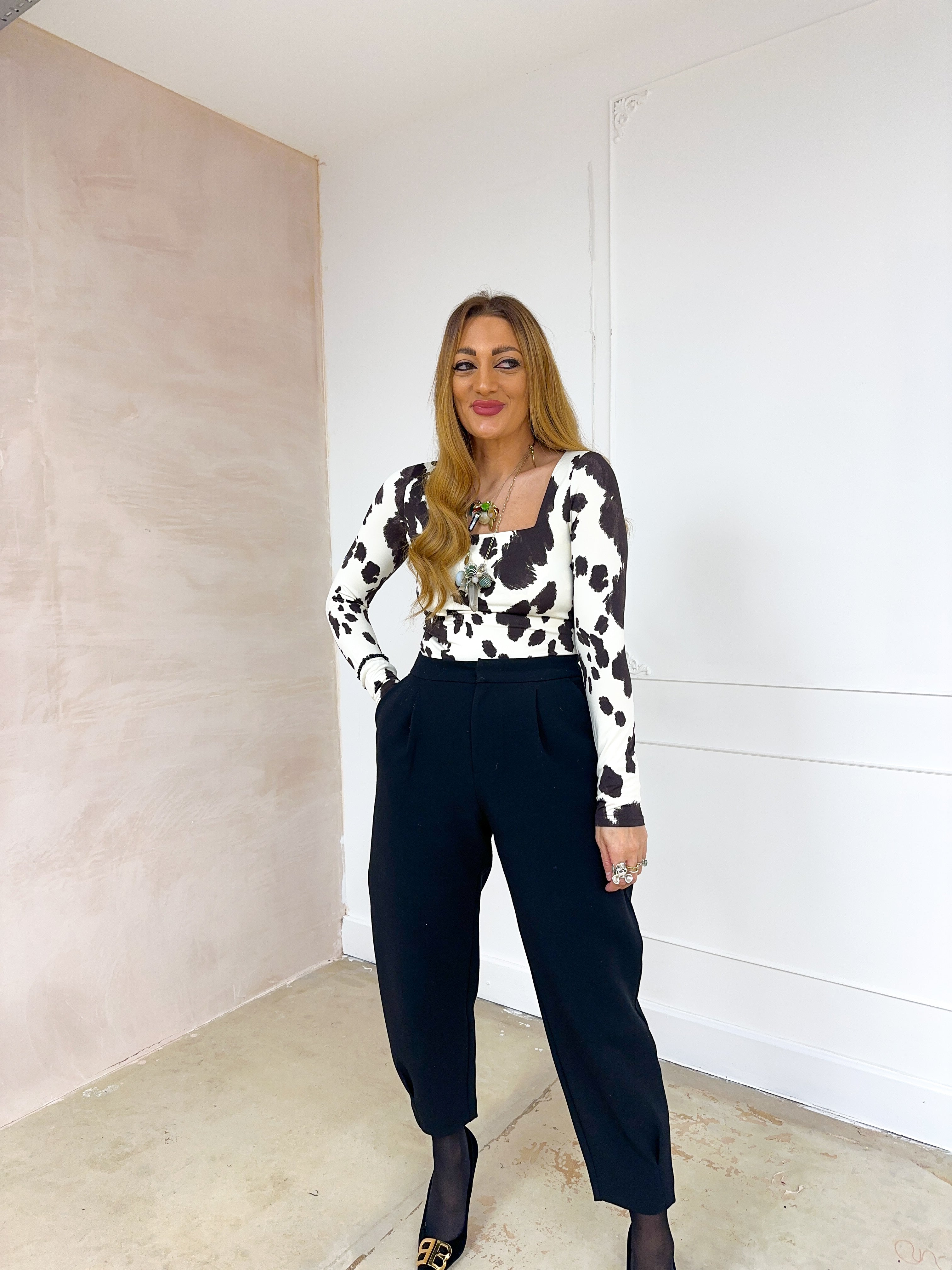 Square Front Long Sleeve Top In Cow Print