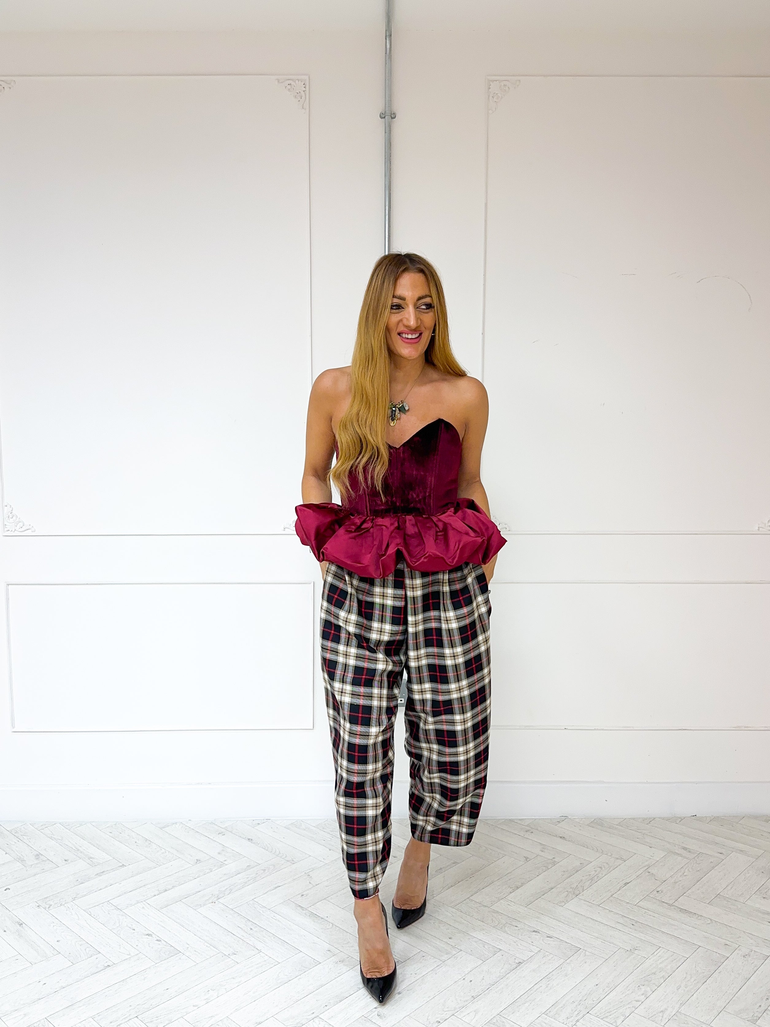 Muse Balloon Trousers In Black/Burgundy Tartan
