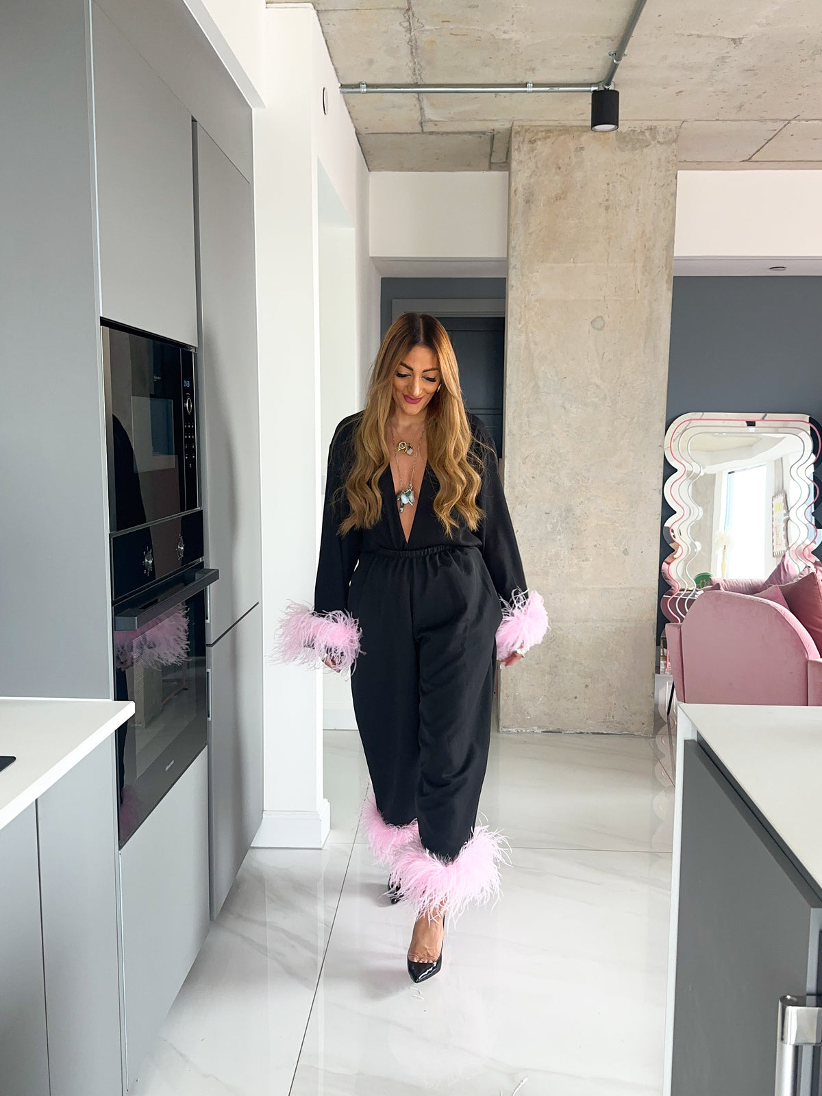 Pink Feather Hem Balloon Trousers In Black