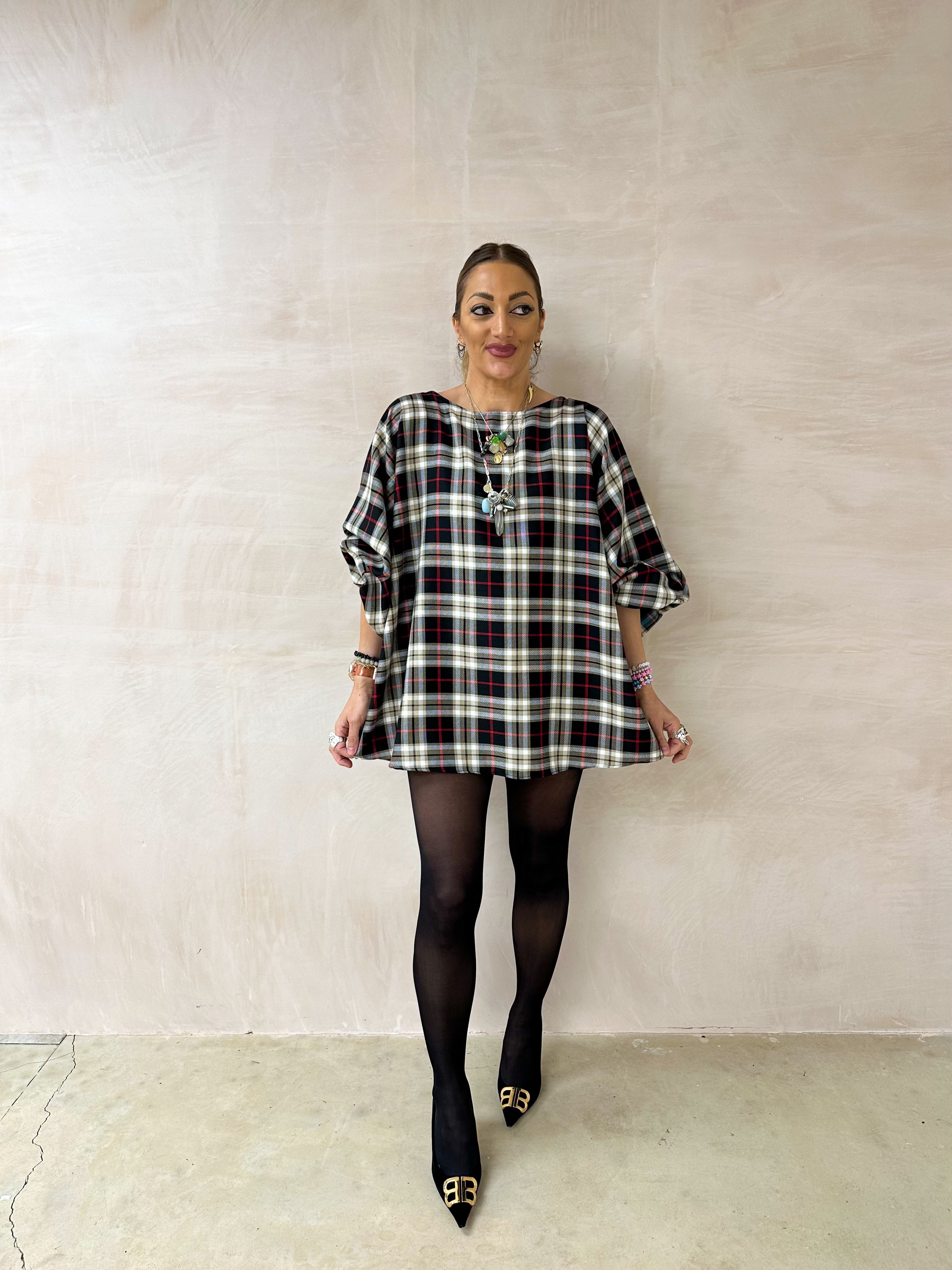 Puff Sleeve Mini Dress in Black/Burgundy Tartan