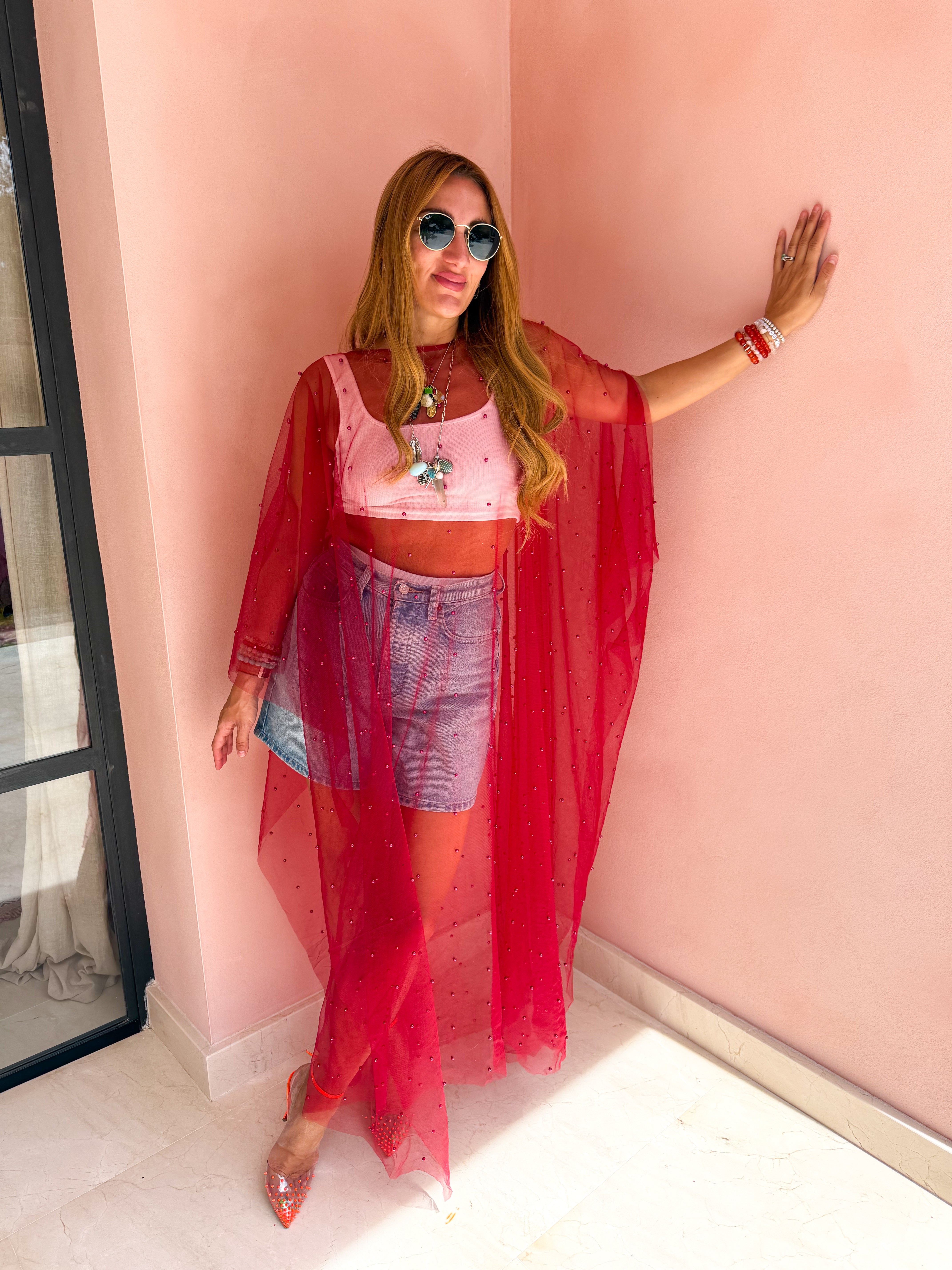 Tulle Vixen Pearl Mesh Kimono In Red