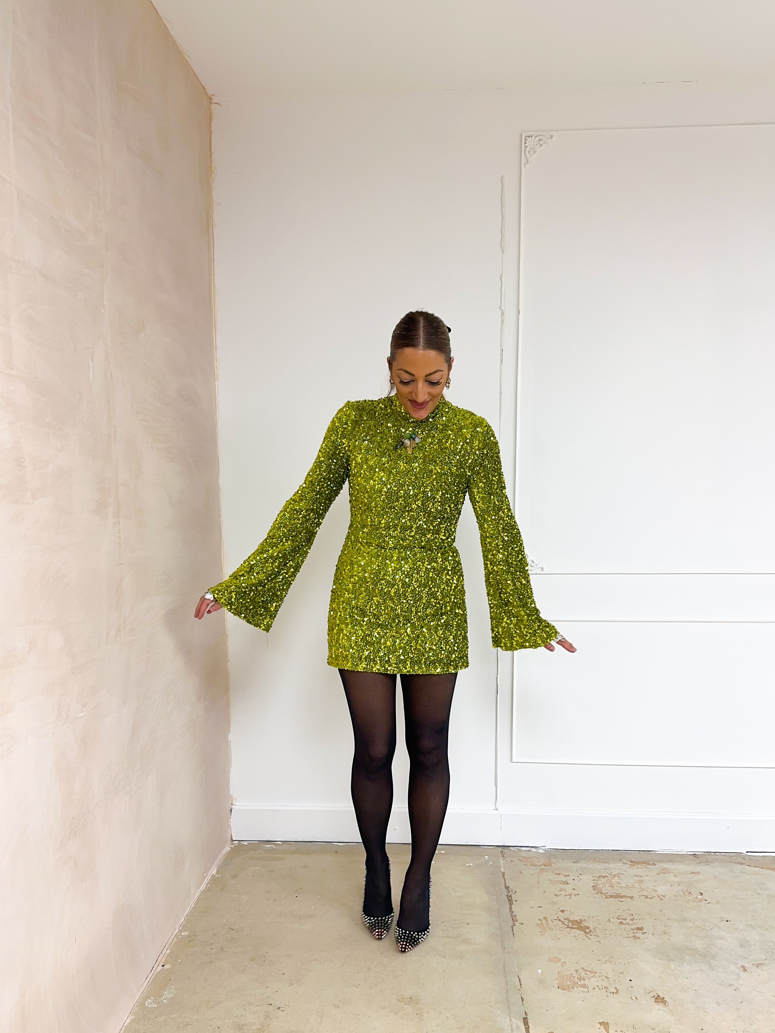 Flare Sleeve Sequin Mini Dress In Green