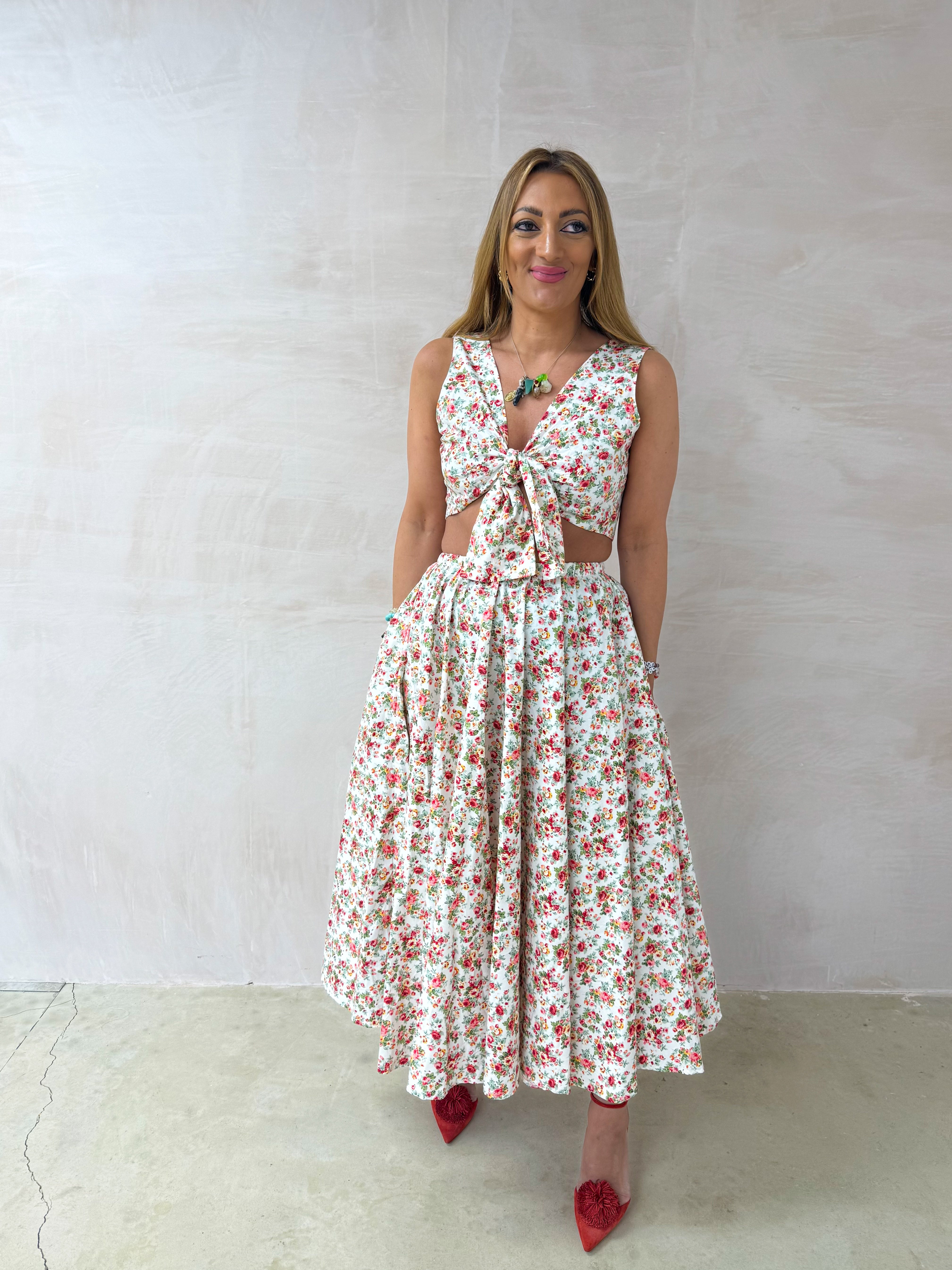 Scattered Rose Full Circle Midi Skirt In White