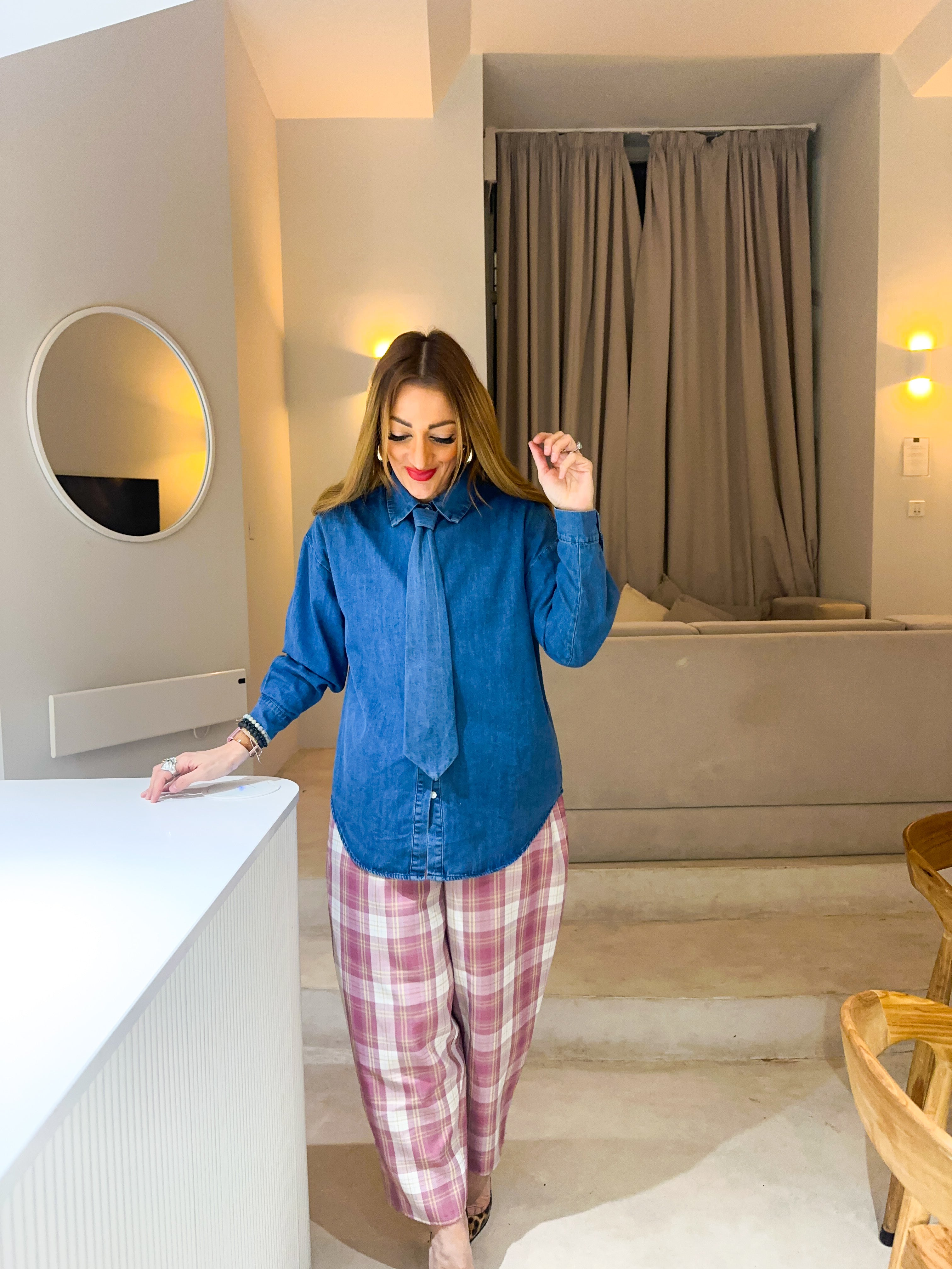 Relaxed Fit Tie Detail Shirt In Blue Denim