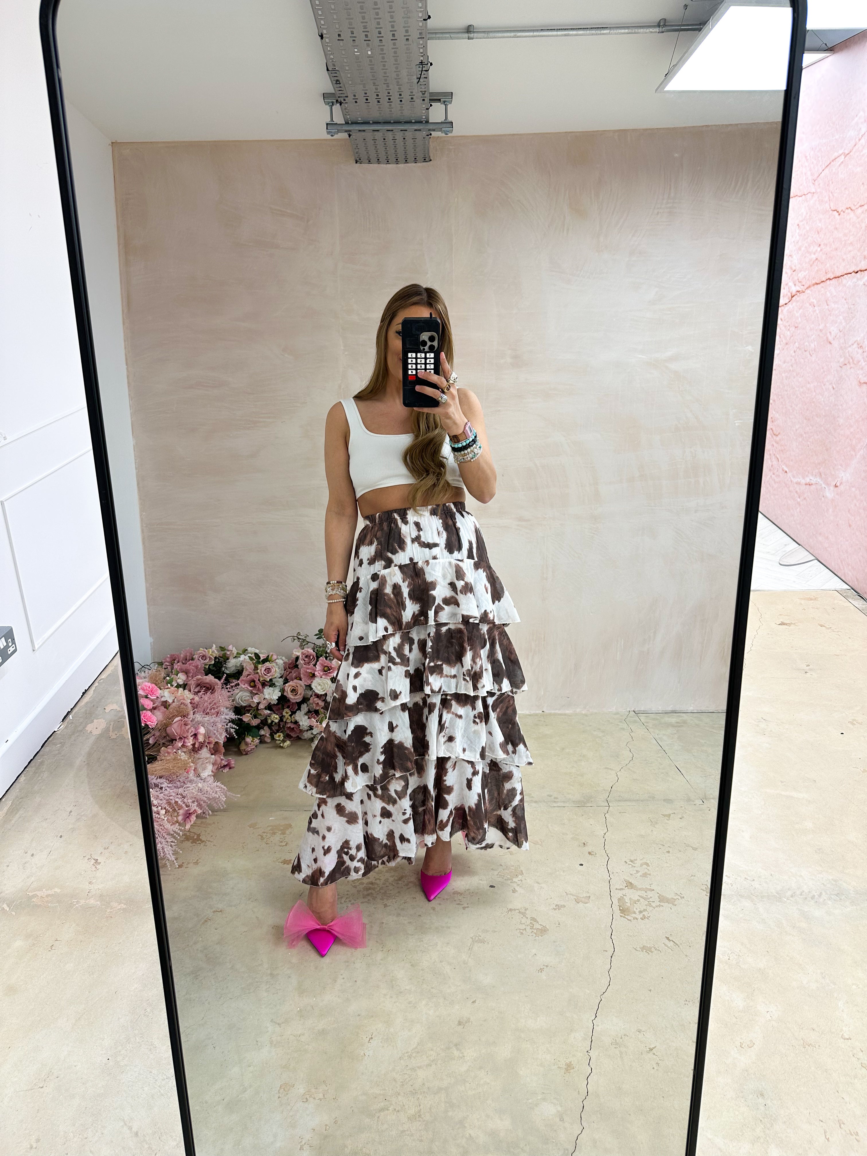 Tiered Ruffle Midi Skirt in Cow Print