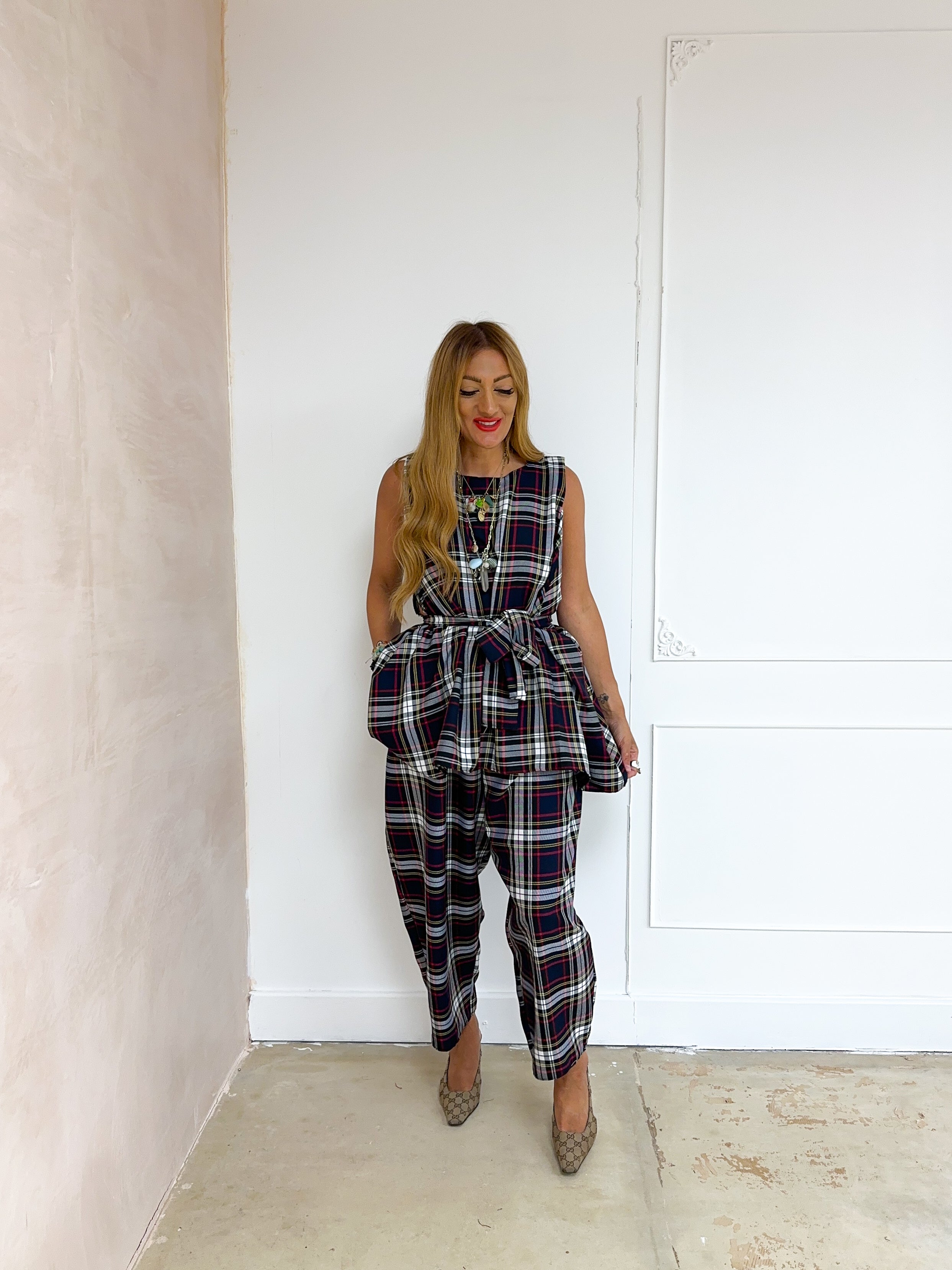 Muse Balloon Trousers In Navy Tartan
